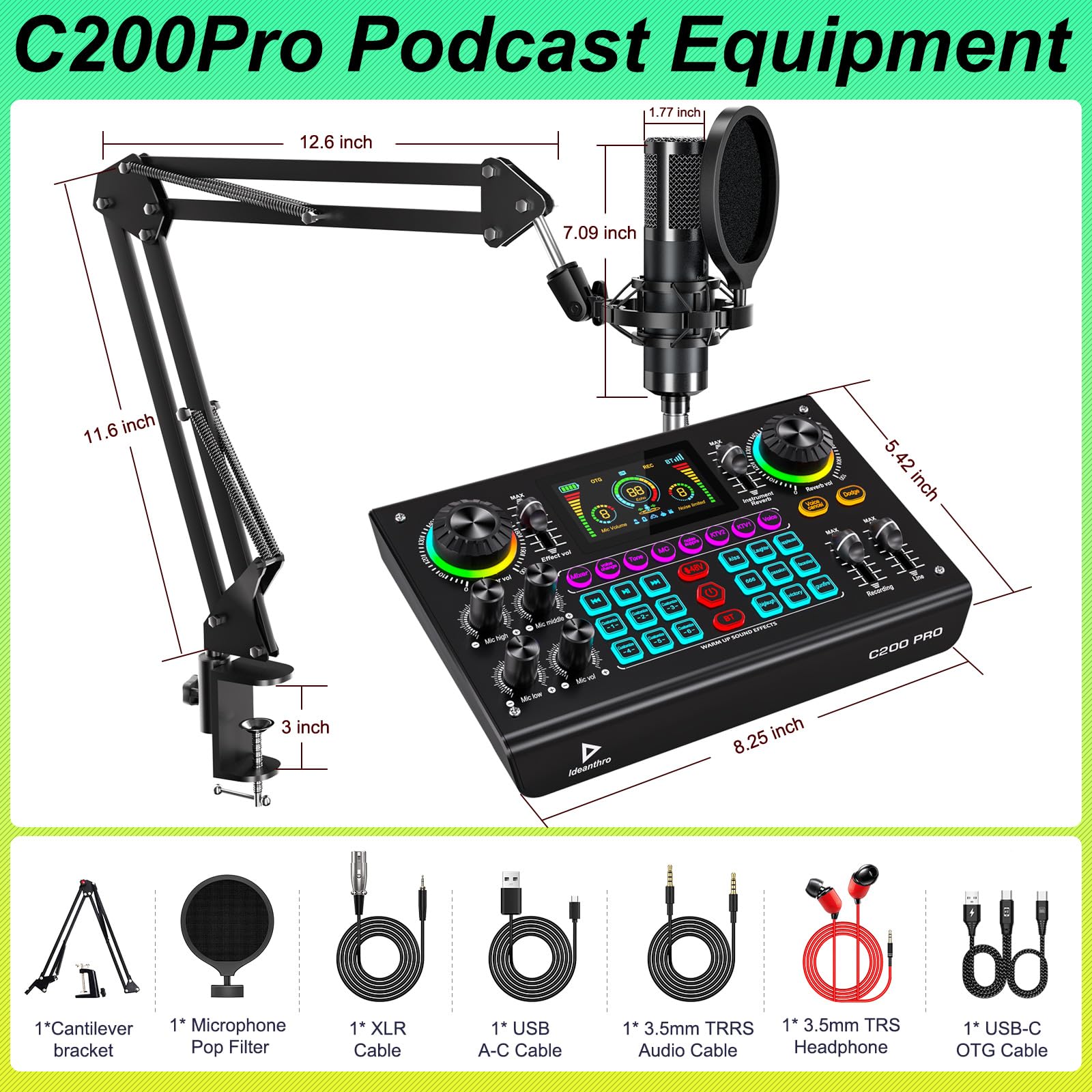 Professional Podcast Bundle with DSP Sound Card and Audio Mixer, 3.5mm Condenser Microphone for Live Streaming, Singing, Recording, and Gaming – Voice Changer, Noise Reduction