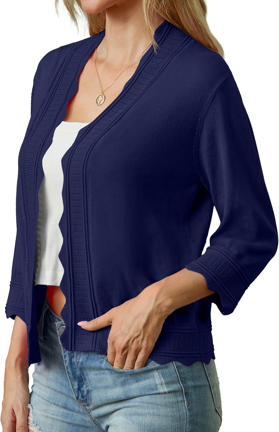 GRECERELLE Women Lightweight Summer Cardigan 3/4 Sleeve Open Front Scalloped Trim Knit Sweater Soft Cropped Bolero Shrug - Image 4