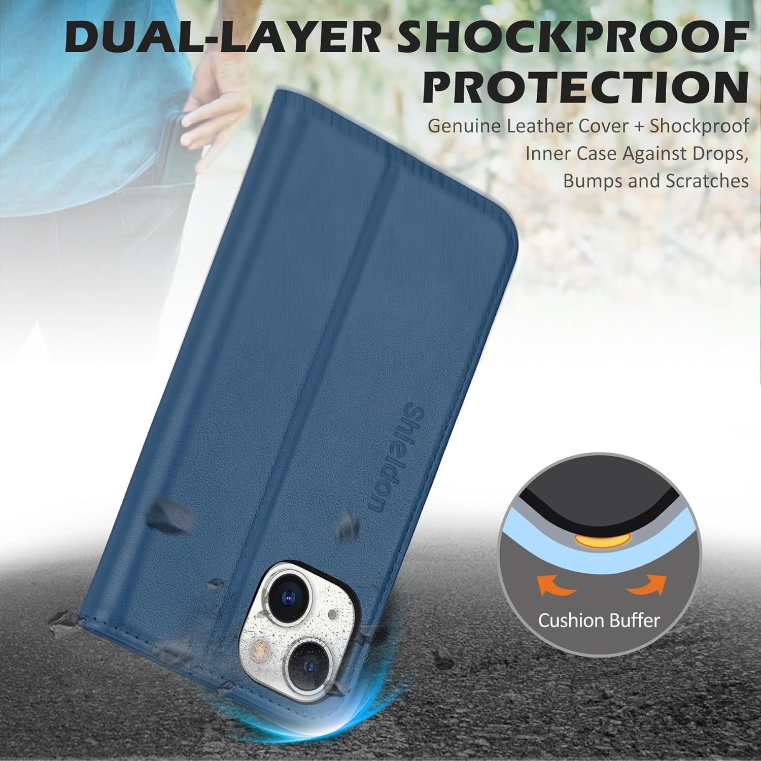 SHIELDON Case for iPhone 14 6.1" 5G 2022, Genuine Leather Wallet Flip Magnetic Cover RFID Blocking Credit Card Holder Kickstand Shockproof TPU Interior Shell Compatible with iPhone 14 - Royal Blue