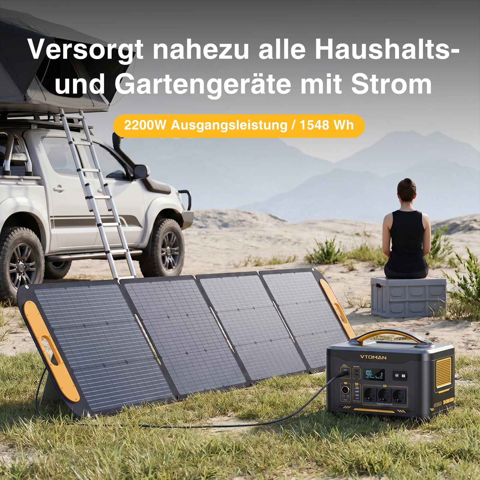 VTOMAN Jump 2200 Tragbare Powerstation mit 200W Leicht Faltbares Solarpanel - 2200W/1548Wh LiFePO4 Batterie Solar Stromgenerator, Erweiterbare Kapazität auf 3096Wh für Camping, Wohnmobil