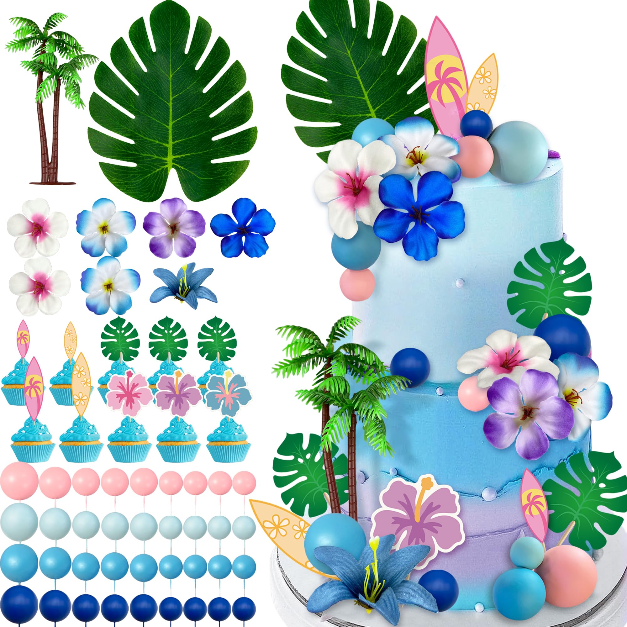 Giyehehi 55-piece set of Hawaiian blue cake toppers with balls, tropical flower decorations, luau birthday decorations for tropical bridal showers, baby showers and birthday parties