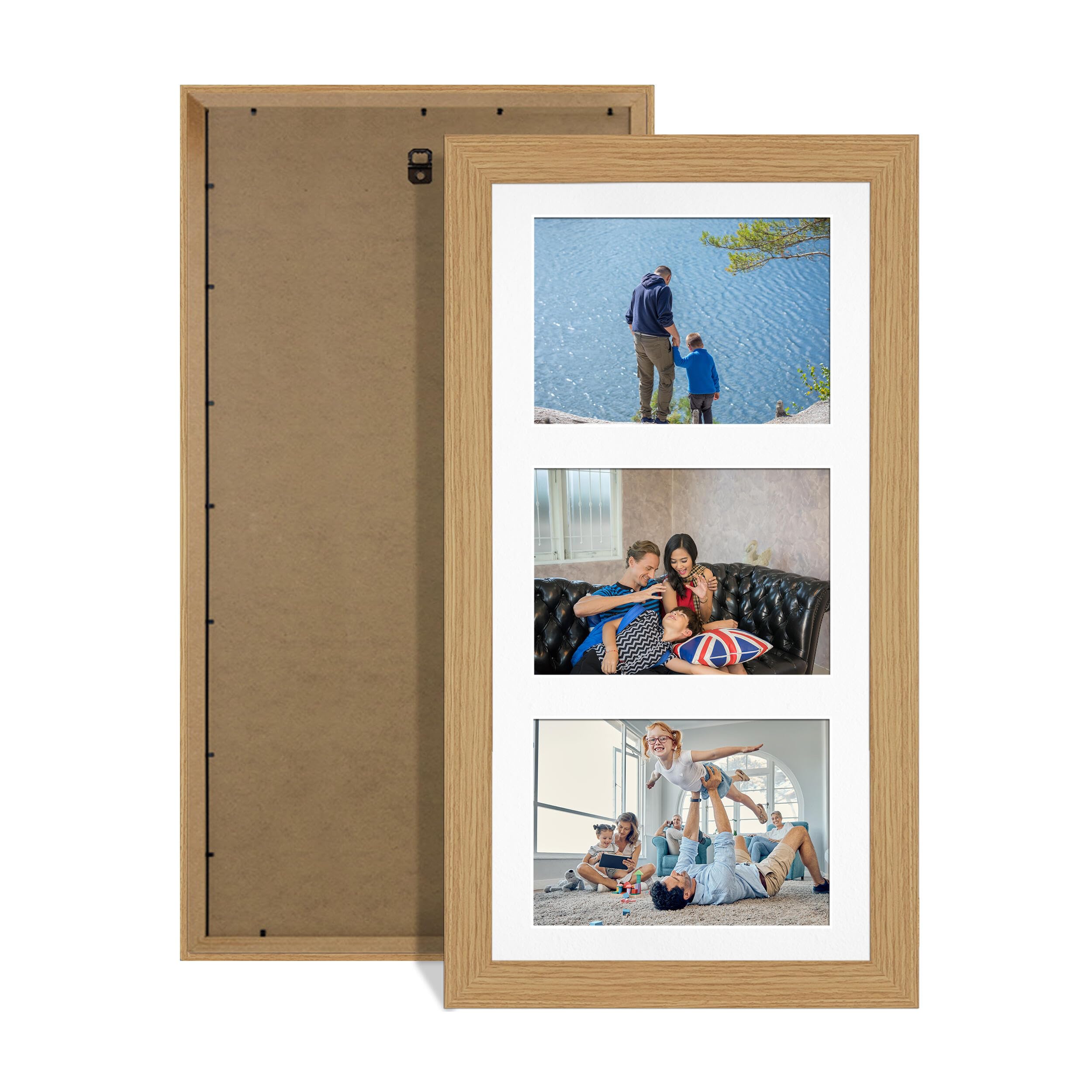 Alison Kingsgate Light Oak 40x20cm Photo frames for multiple pictures -3 Apertures Collage Frame with White Mount - Holds (3x) 6x4 Photos - Engineered Wood & Perspex
