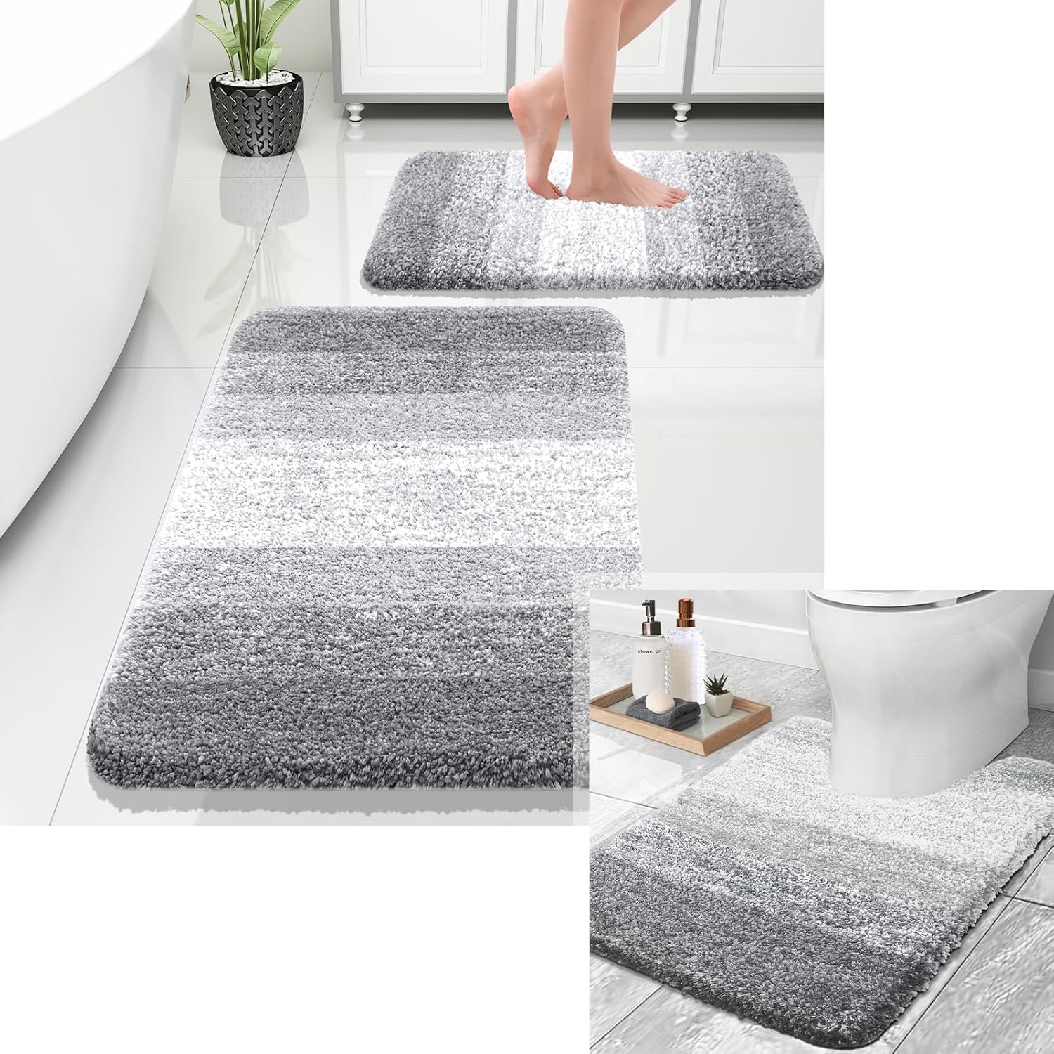 OLANLY Ombre Bath Rug and Toilet Rugs U-Shaped, Bath Rug Size 24x20 and Bathroom Rug Set Size 30x20+24x16 in Light Grey, 3 Item Bundle