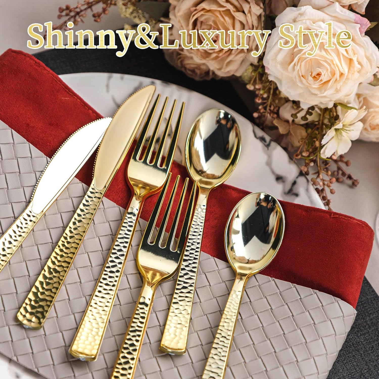 360PCS Gold Plastic Silverware, Heavy Duty Plastic Cutlery Set, Disposable Utensils, 120 Forks, 120 Spoons and 120 Knives for Party, Wedding and Events - Image 3