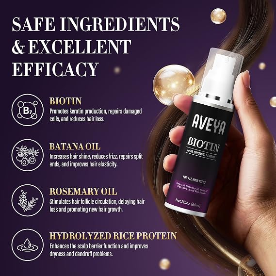 AVEYA Hair Growth Serum, for Women & Men infused with Rosemary Oil,Batana Oil&Biotin for Scalp Strengthens,Thickens&Accelerates Hair Care - Non-Greasy,Helps Prevent Hair Thinning & Hair Loss 60ml