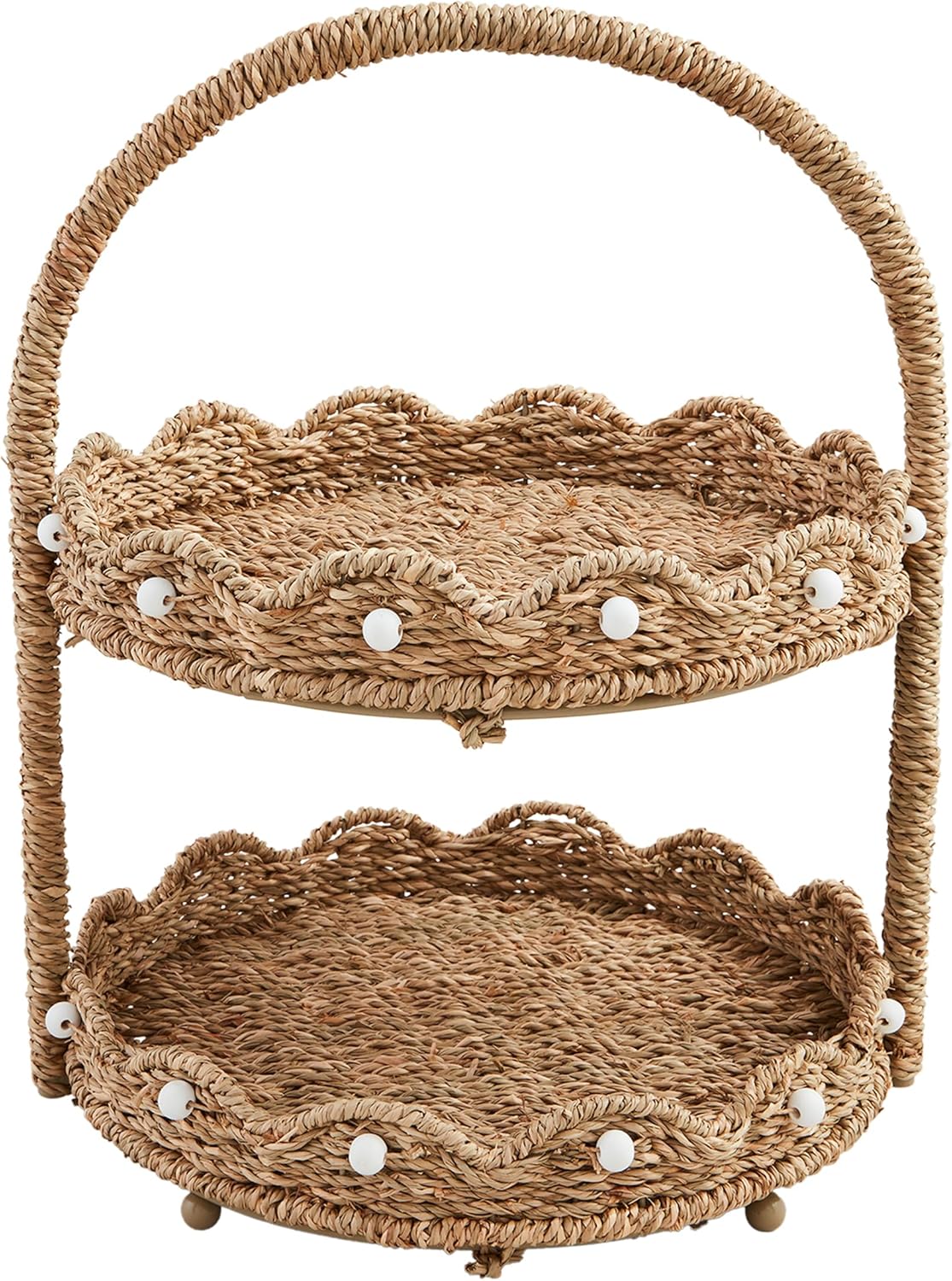 Mud Pie 16" x 11 1/4" Dia Scalloped Woven Tiered Server, Brown