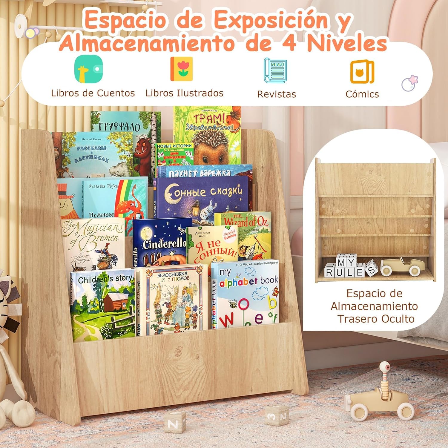 RELAX4LIFE Estantería Libros Infantil con 4 Estantes, Revistero de Madera, Mueble Estantería para Habitación Infantil y Guardería, Almacenaje Juguetes, Organizador Juguetes, 57,5x26,5x59cm (Natural)