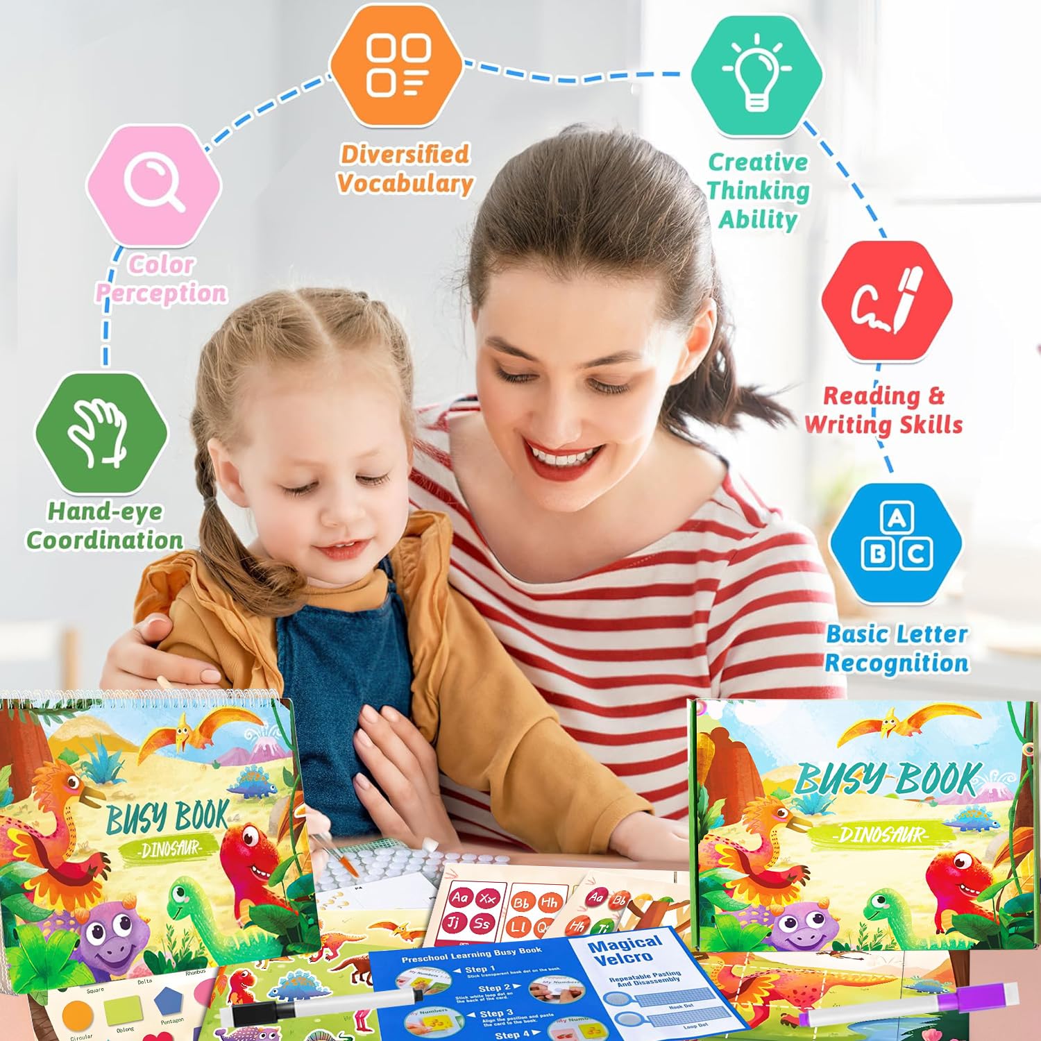 Montessori Spielzeug ab 1 2 3 Jahr,Busy Board ab 1 Jahr,Quiet Book ab 1 Jahr,Busy Book ab 2 Jahre,Montessori Buch ab 1 2 3 4 5 Jahre,Sticker Funktion,Geschenk 1 Jahr Junge Mädchen-Dinosaurier