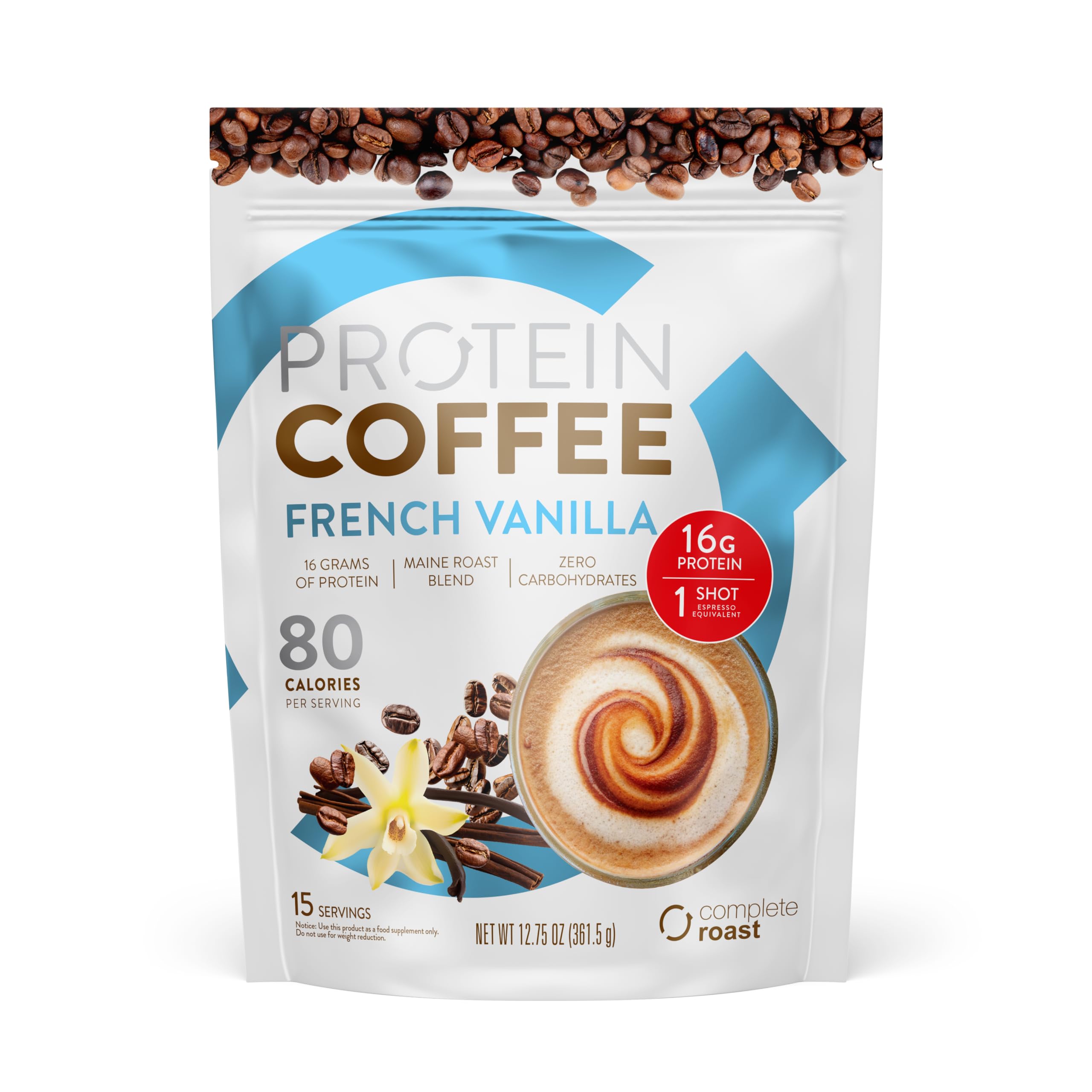 Complete Nutrition Café proteico com whey sabor French Vanilla, 16 g de proteína, 75 mg de cafeína, 15 porções, 368,55 g