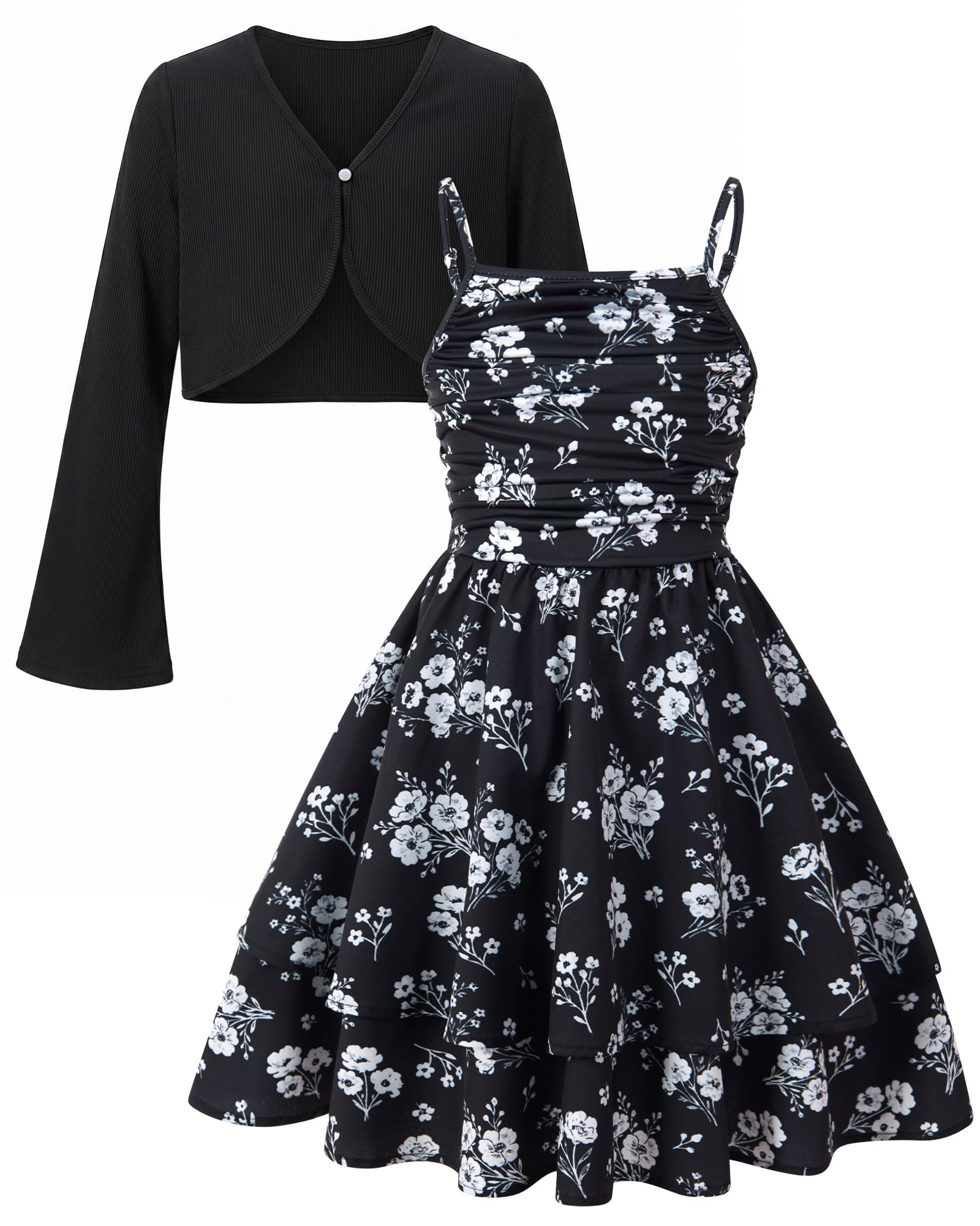 Mädchenkleid, mehrlagig, gerüscht, für 7–16 Jahre, verstellbarer Riemen, Outfit mit Strickjacke