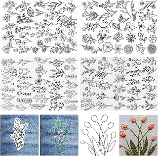 Estabilizador solúvel em água para bordado, 4 peças de papel de bordado de cola e costura diferentes padrões pré-impressos Estabilizador de bordado removível para costura manual (estilo C+D)