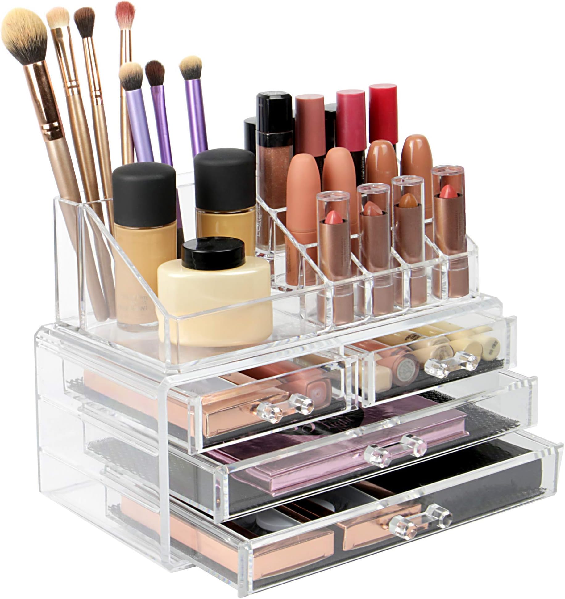 Cosmetic Makeup & Jewellery Organiser | Clear Acrylic 20 Section Beauty Dressing Table Holder Box | Stackable or Free Standing Storage Drawers Included | Pukkr