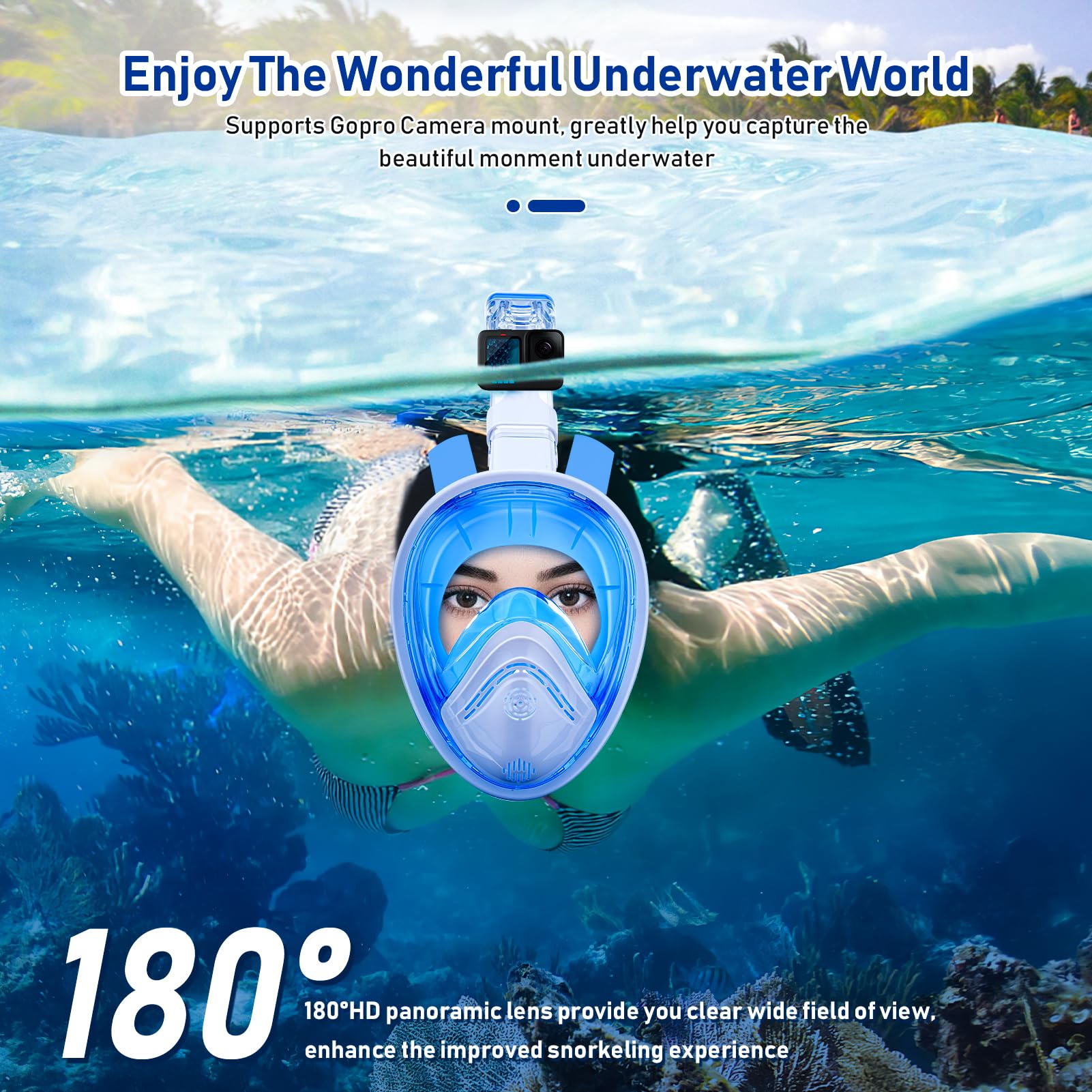 Máscara De Buceo De Cara Completa Para Adultos XL | Visión 180° Antivaho | Con Gafas De Sol Plegables Y Soporte Para Cámara