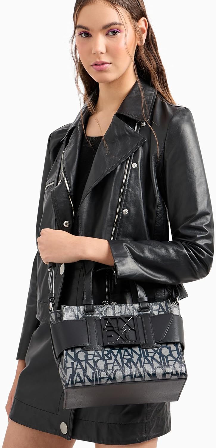 Armani Exchange Women's Medium Logo Placket Crossbody Zip Top Tote, Beige/Nero, One Size - Image 2