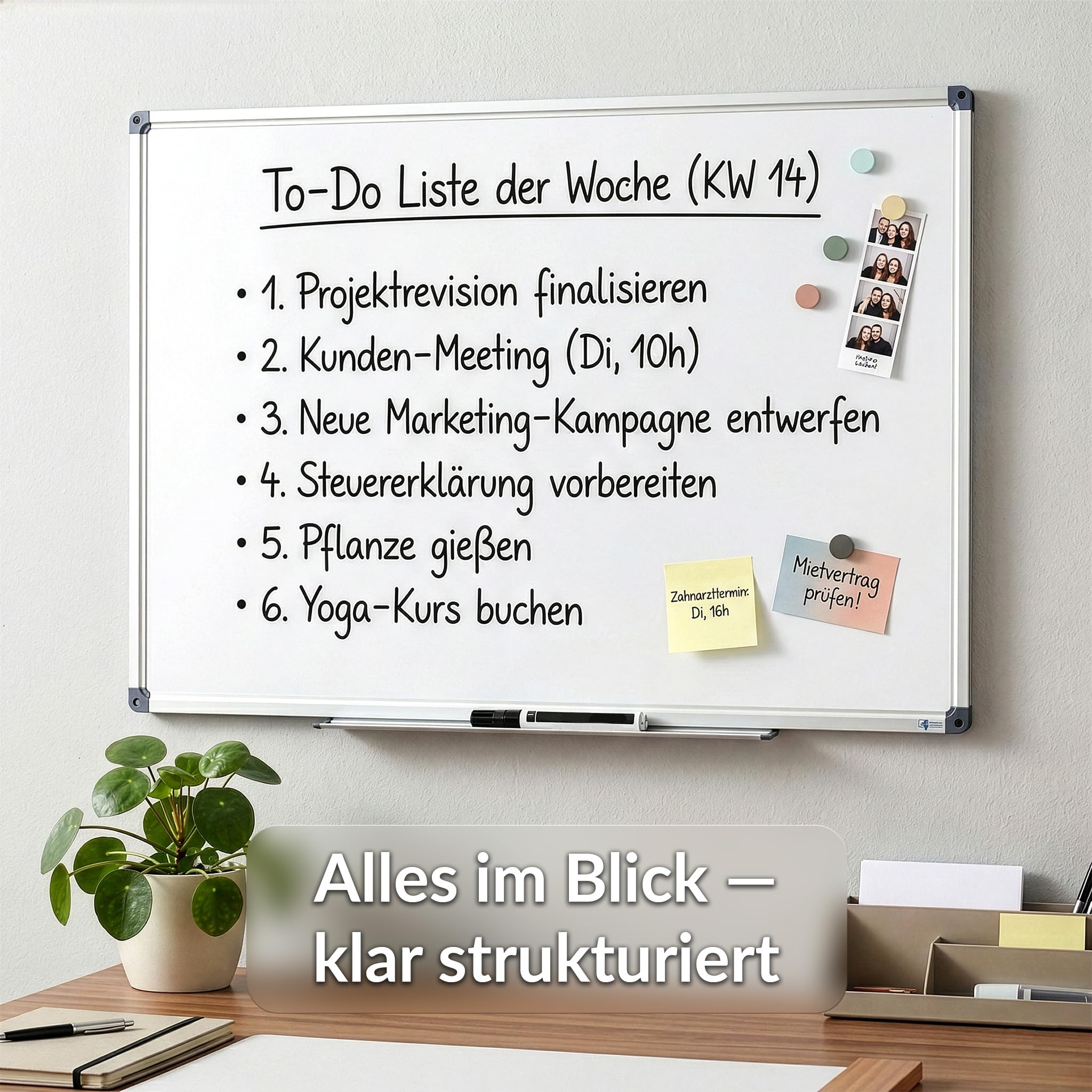 Mob Magnetisches Whiteboard 90x60cm mit Alurahmen und abnehmbare Stiftablage für Büro, Heim und Schule, Magnettafel Kratzfest und trocken abwischbar | Magnetboard in Hoch- oder Querformat