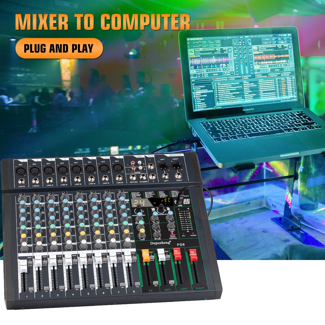 Depusheng FG8 Table de mixage audio professionnelle 8 canaux pour enregistrement sur ordinateur Interface de contrôleur de son 24 effets DSP intégrés avec alimentation fantôme 48 V, MP3, Bluetooth