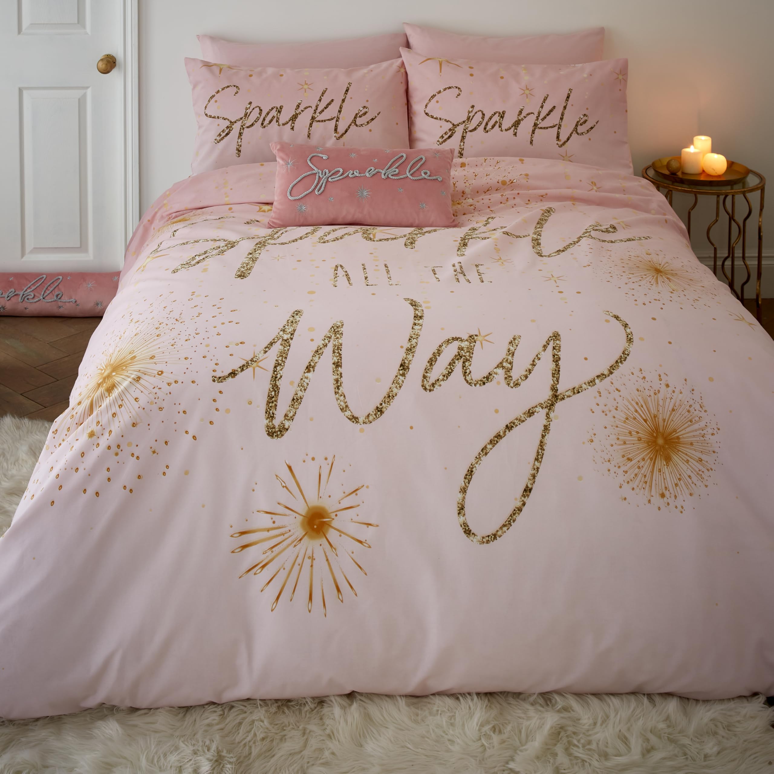 Catherine Lansfield Pink Christmas Sparkle Reversible Double Duvet Cover Set With Pillowcases Blush