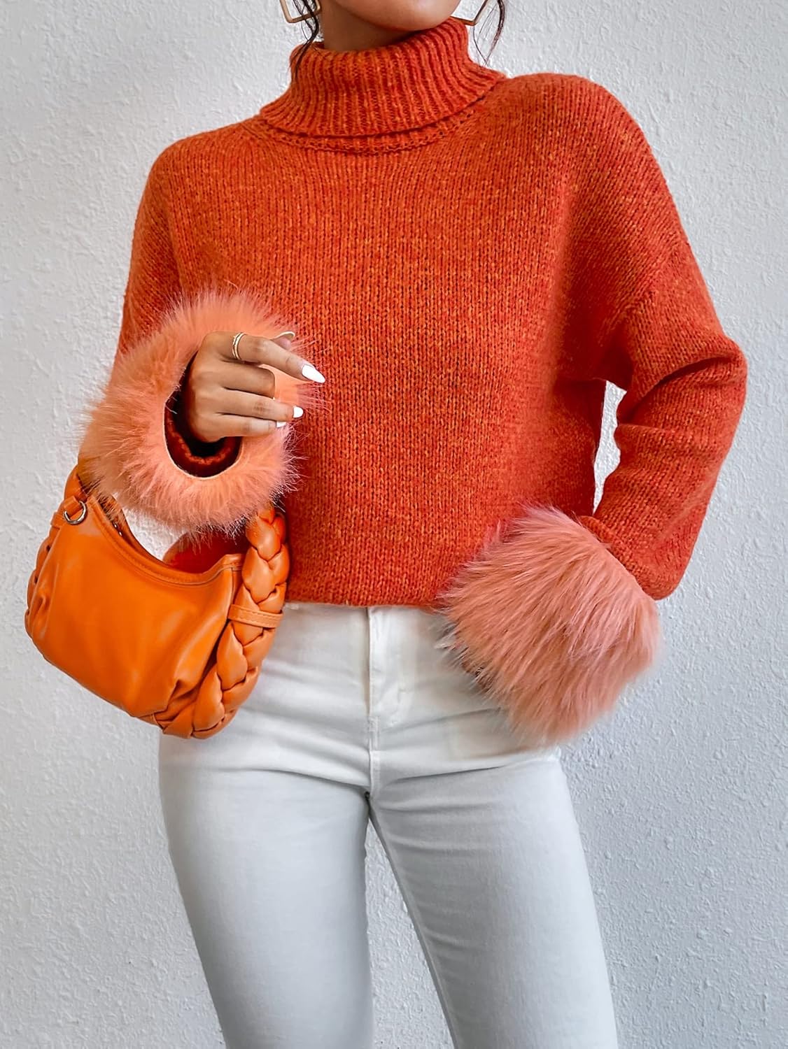 Women's Sweater Fuzzy Cuff Drop Shoulder Turtle Neck Sweater Sweater for Women (Color : Burnt Orange, Size : Medium)