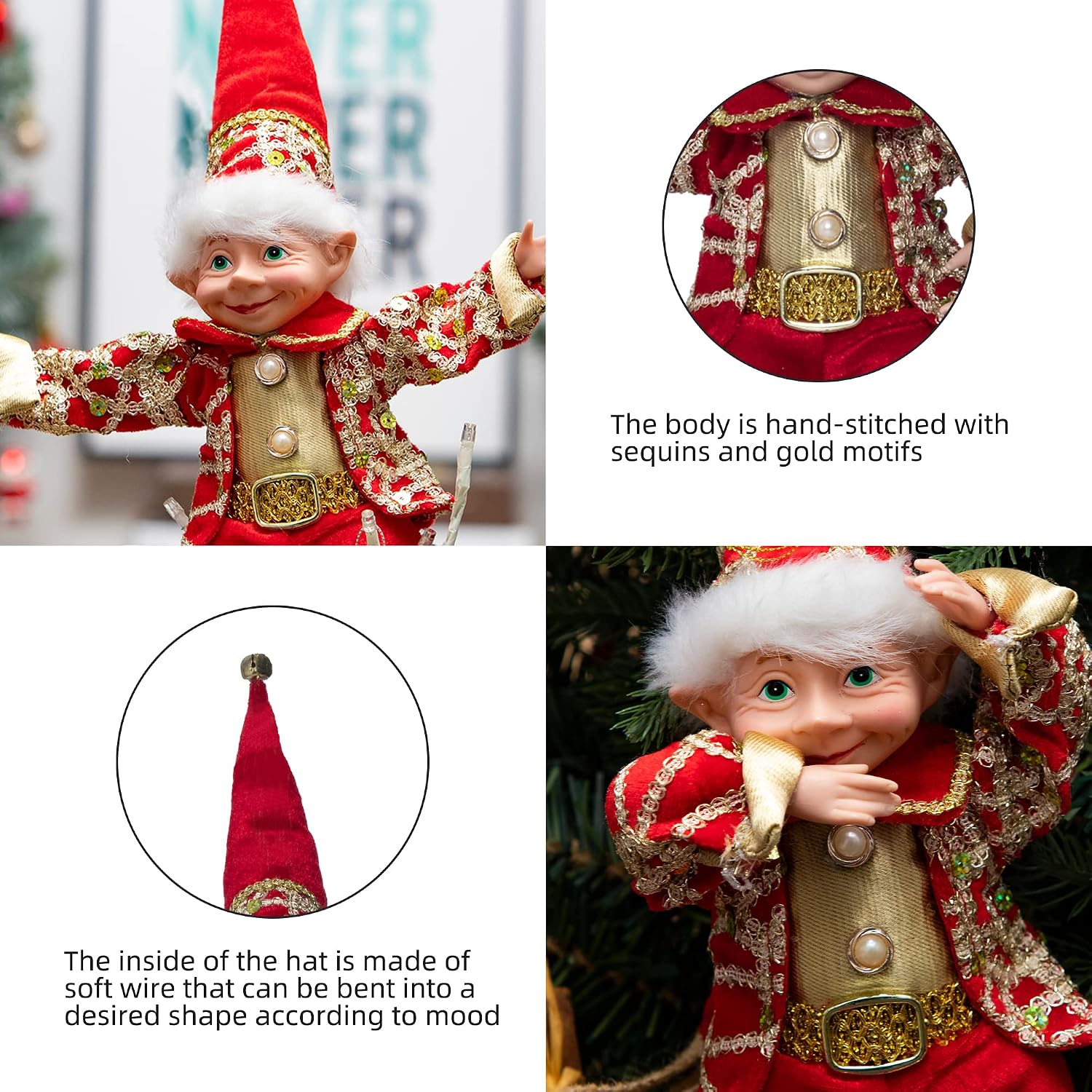 Yimiyaa Handmade Bendable Elf Ornament, 12" Christmas Tree Decoration | Flannel & Brocade, Hanging Christmas Decor, Holiday Collectible Figurine, Red/Gold