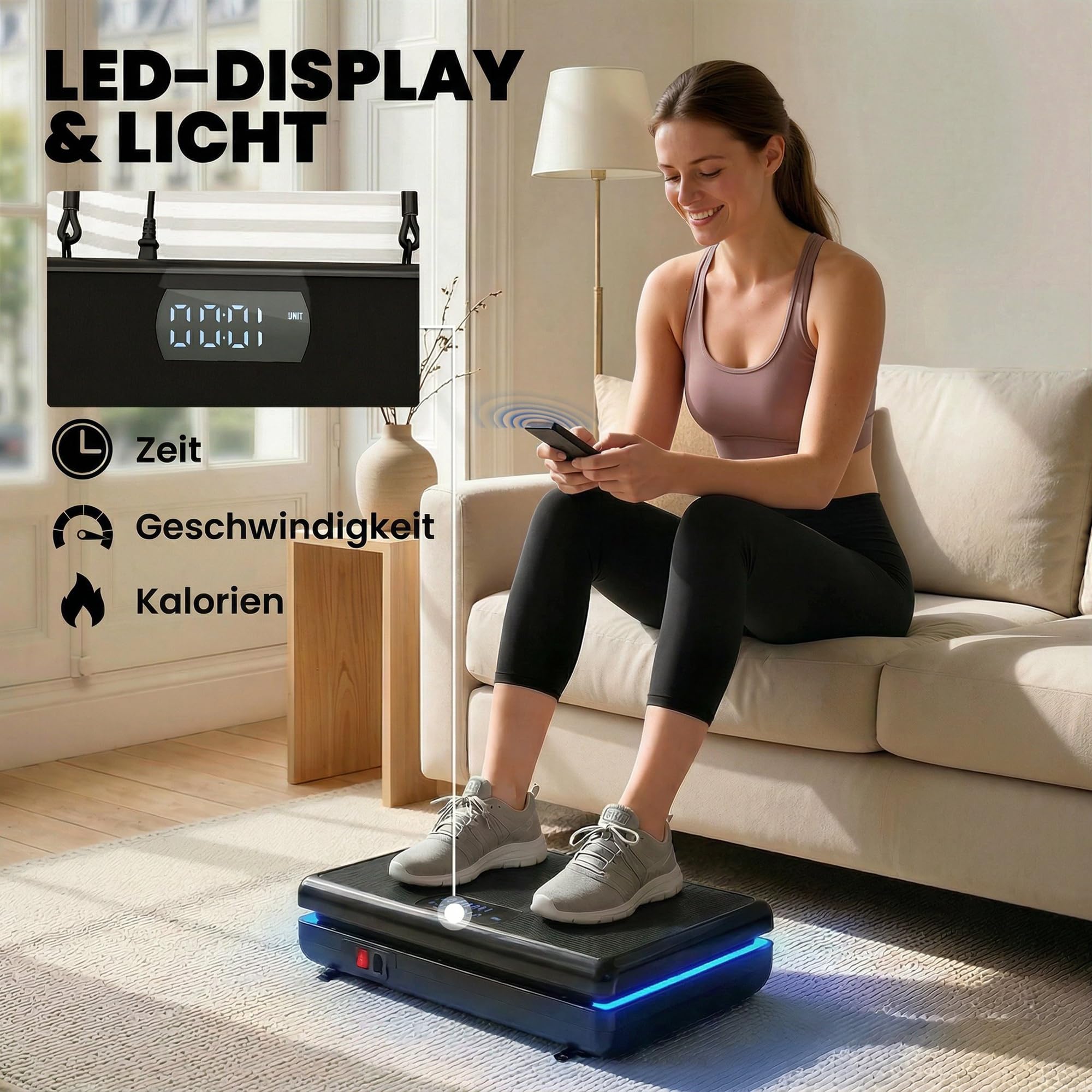SPORTNOW Vibrationsplatte Rüttelplatte mit 120 Intensitätsstufen 5 Vorprogramm LED-Lichtern Widerstandsbänder rutschfest Vibrationsgerät Kompakt Vibrationstrainer für Muskelaufbau Ganzkörpertraining