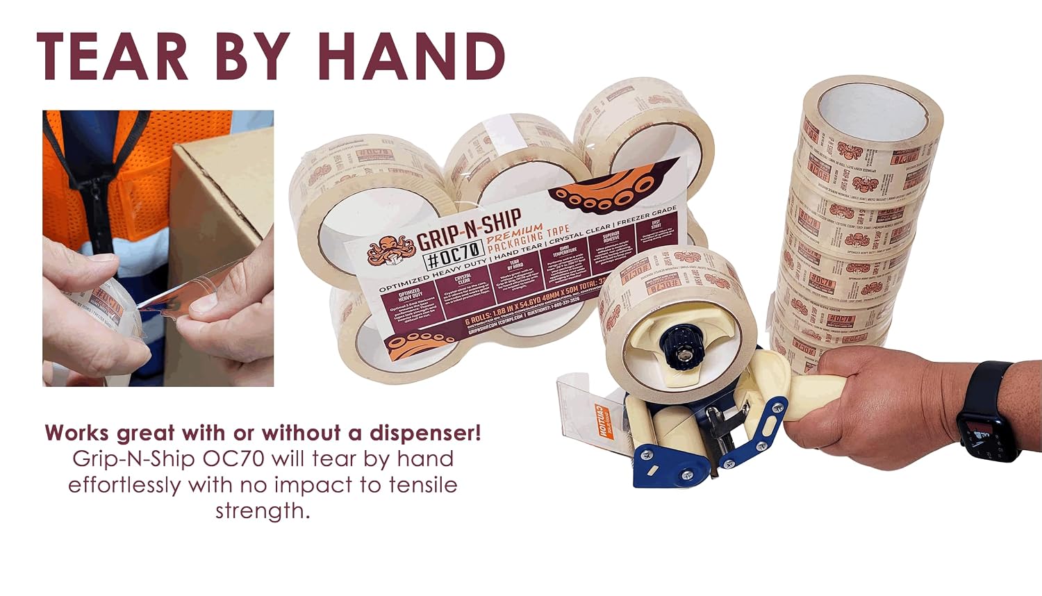 OC70 Premium Crystal Clear, Hand Tear, Freezer Grade, Superior Adhesive Heavy Duty Packaging Tape for Shipping, Mailing, & Moving, Made in USA - 6 Rolls, 328 Yards - 1.88 inches x 54.6 YD image 2