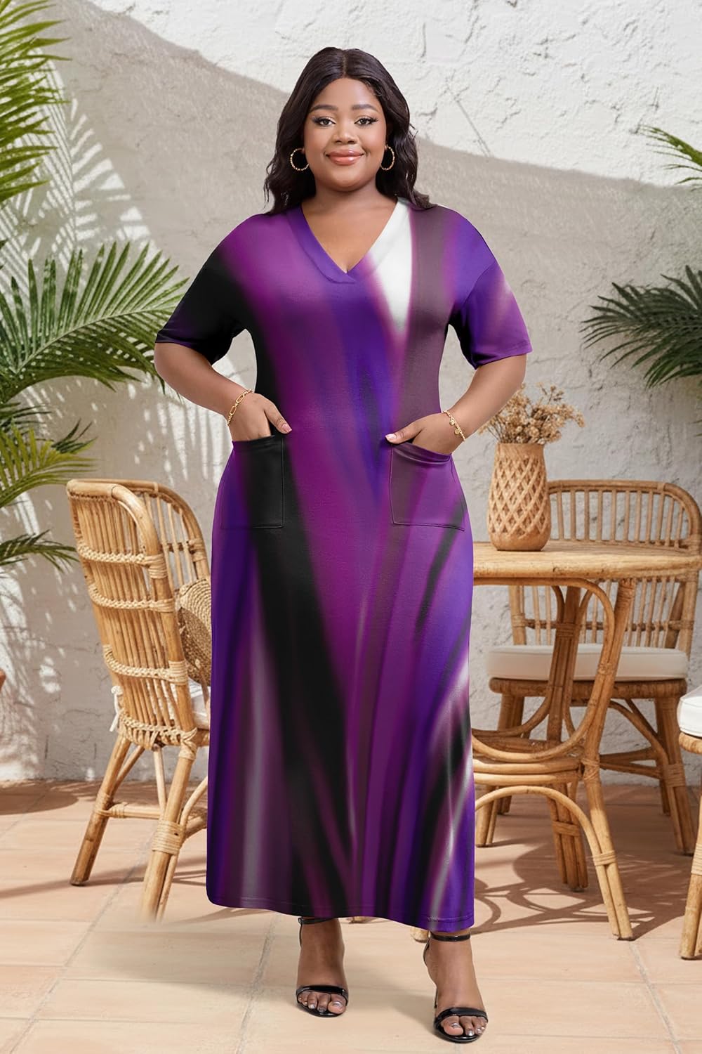 Runwind Plus Size Maxi Dress for Women Short Sleeve V Neck Casual Long Dresses with Pockets - Image 2