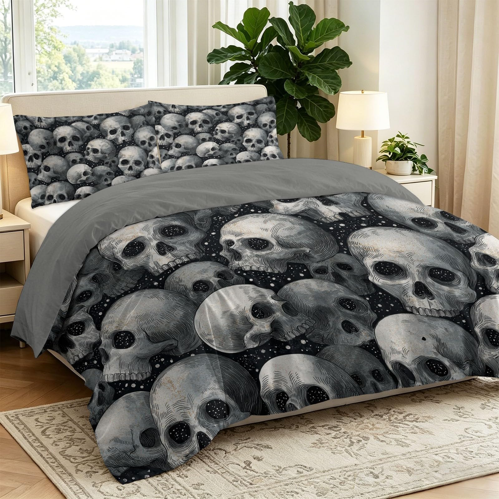 Miękki, lekki zestaw pościeli z mikrofibry, ciemny, tajemniczy, czarna poszewka na kołdrę z motywem czaszki na Halloween, 230 x 220 cm, na wszystkie pory roku, nie wymaga prasowania, z 2 poszewkami na