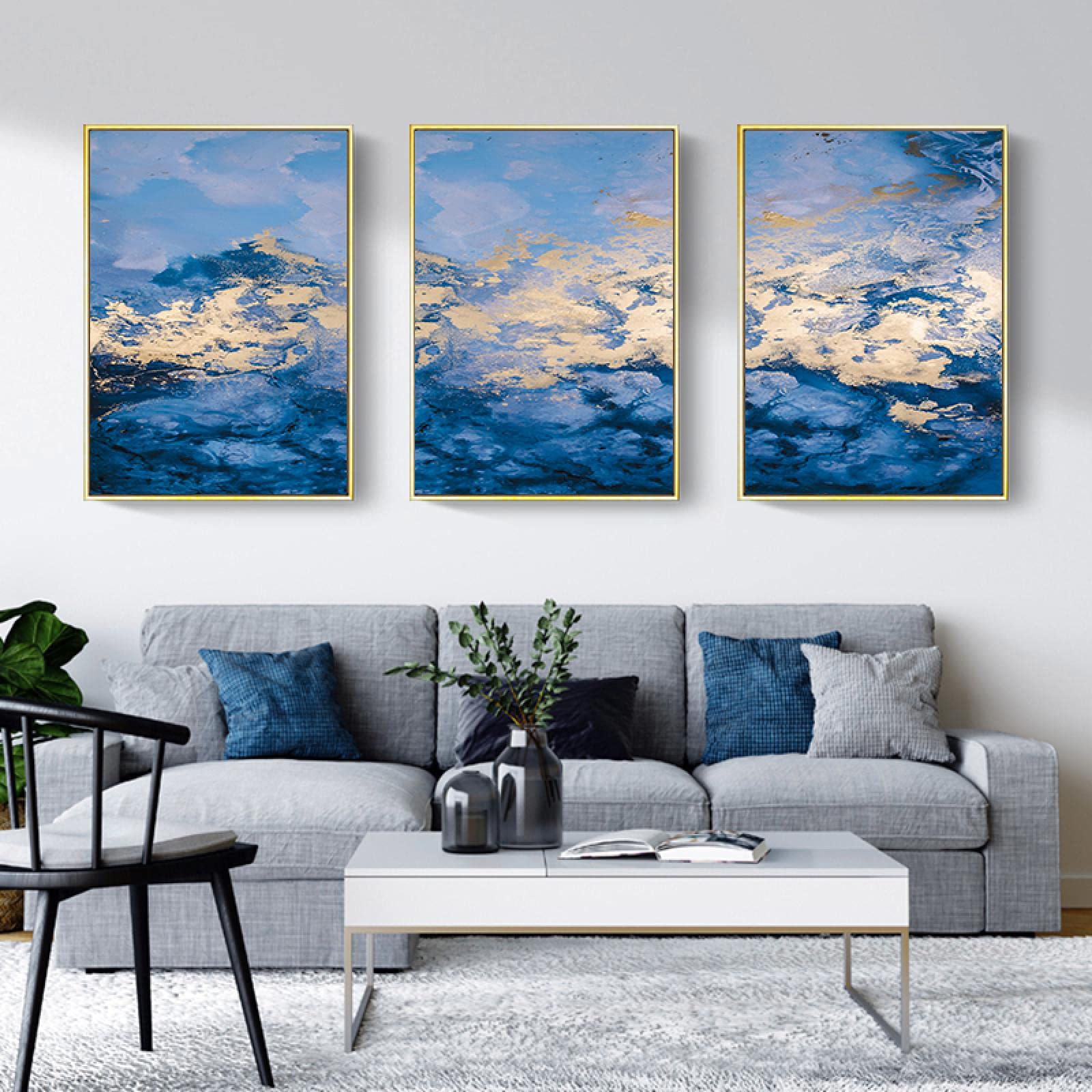 Set Di 3 Quadri Su Tela Astratti Con Montagne Blu Navy, Stampa Giclée, Cornici Incluse, Pronte Da Appendere - 5