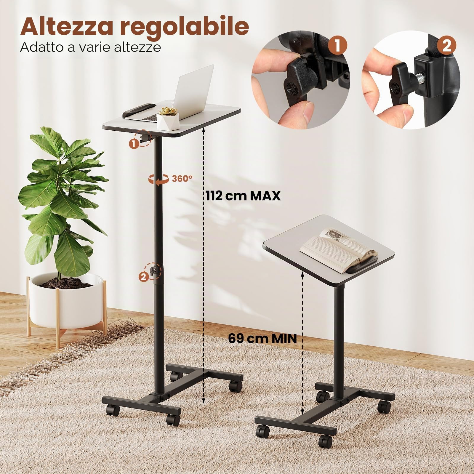 LIFEZEAL Tavolino da Letto, Divano per Mangiare, Porta PC, Tavolo Laterale Servitore, Altezza Regolabile, Piano Inclinabile e Girevole, con Ruote, Barra Anticaduta, per Anziani, Disabili, Grigio