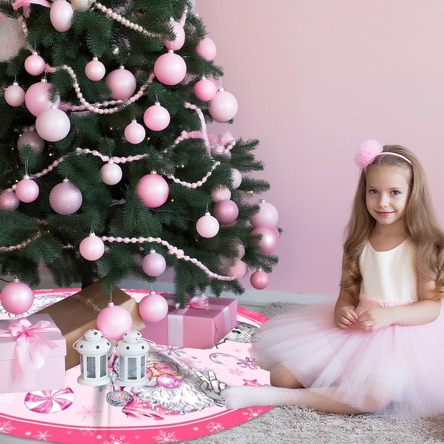 Pink Christmas Tree Skirt Disco Ball Snowman and Santa Claus Christmas Tree Skirt 48Inch Merry Xmas Party Decorations for Holiday Winter New Years Winter