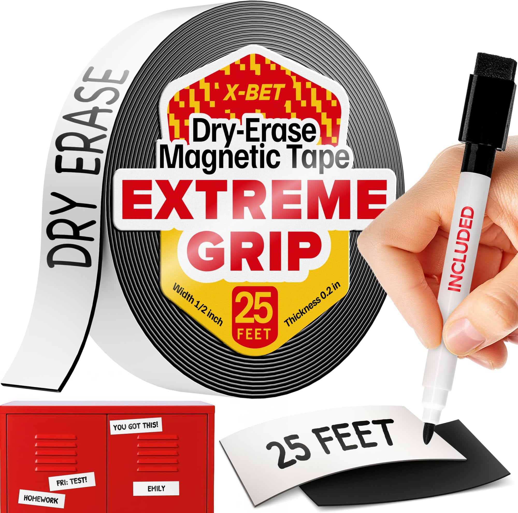 X-bet MAGNET Magnetic Strips - 1 Inch x 25 Feet Magnetic Tape Roll - Blank Write On Magnets - Sticky Labels and Stickers - Writable Flexible Magnet Sheet for Whiteboards, Refrigerator and Crafts