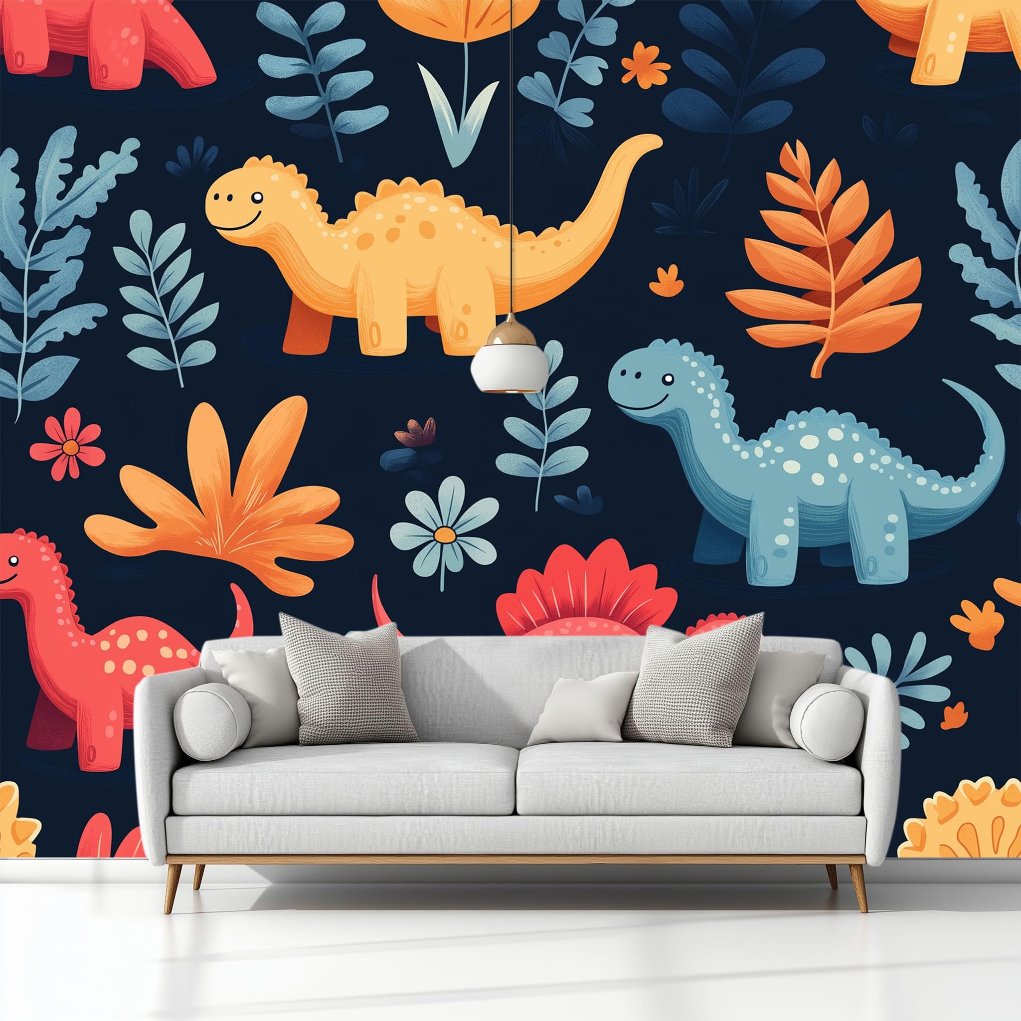 Figurki z kreskówek, dinozaury, rośliny, kwiaty, sztuka, fototapeta, 250 x 175 cm, efekt 3D, obraz ścienny, tapeta ścienna, nowoczesna tapeta ścienna, do salonu, na ścianę, mural, pokój dziecięcy, tło