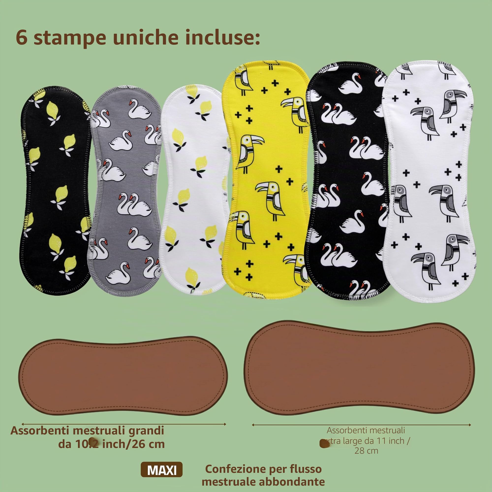 Assorbenti Lavabili Cotone Biologico; Assorbenti Riutilizzabili 6-Pack + Borsa (L+XL) PRODOTTI IN EU; Assorbenti Lavabili Flusso Abbondante Notte; per ciclo mestruale, l’incontinenza e il dopo parto