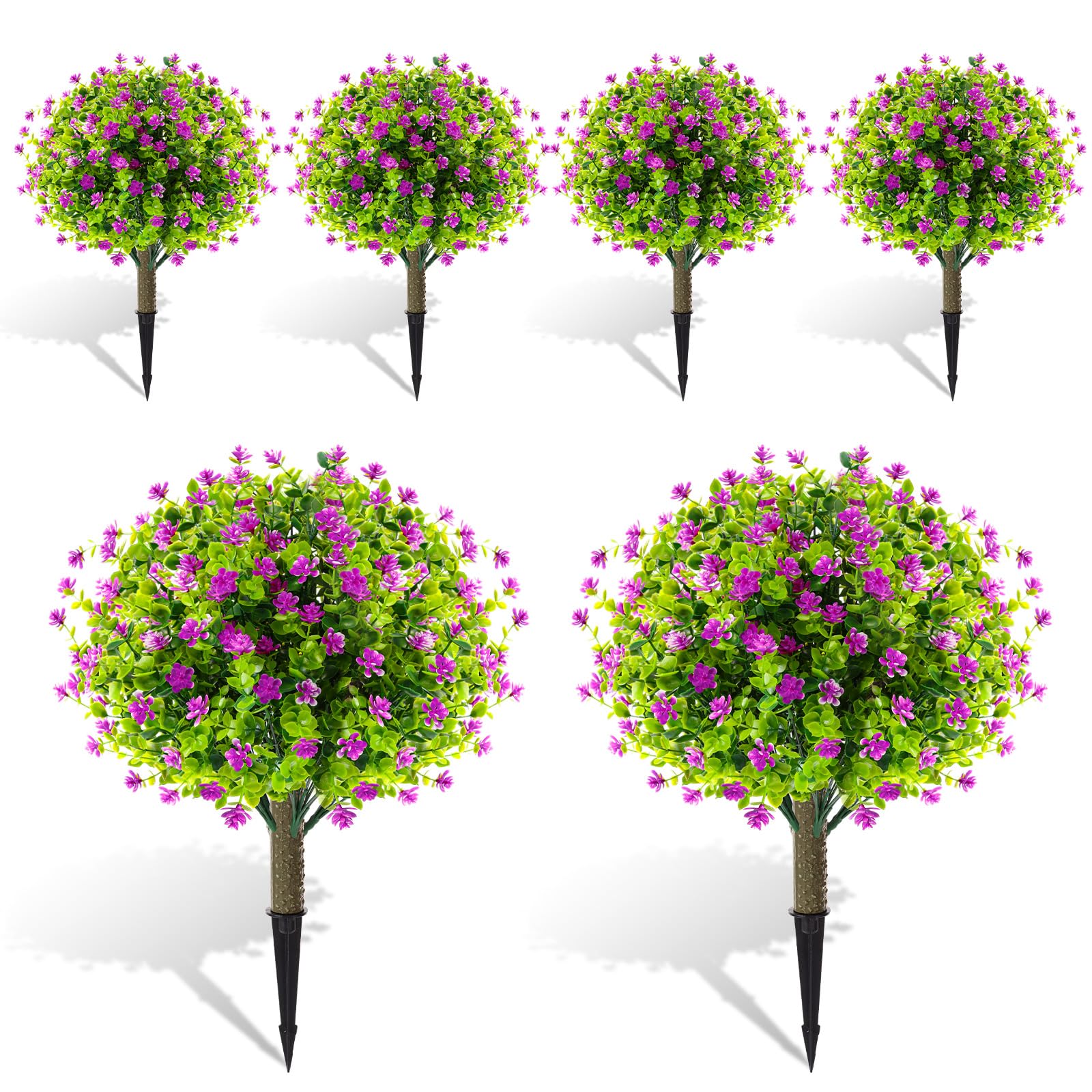 Photo 1 of Yunlly 6 Pcs Outdoor Artificial Topiary Ball Trees 22" with Colorful Flowers, Boxwood Fake Bushes Shrubs with Spike, UV Resistant Evergreen Plants for Front Porch Garden Decor (Purple)