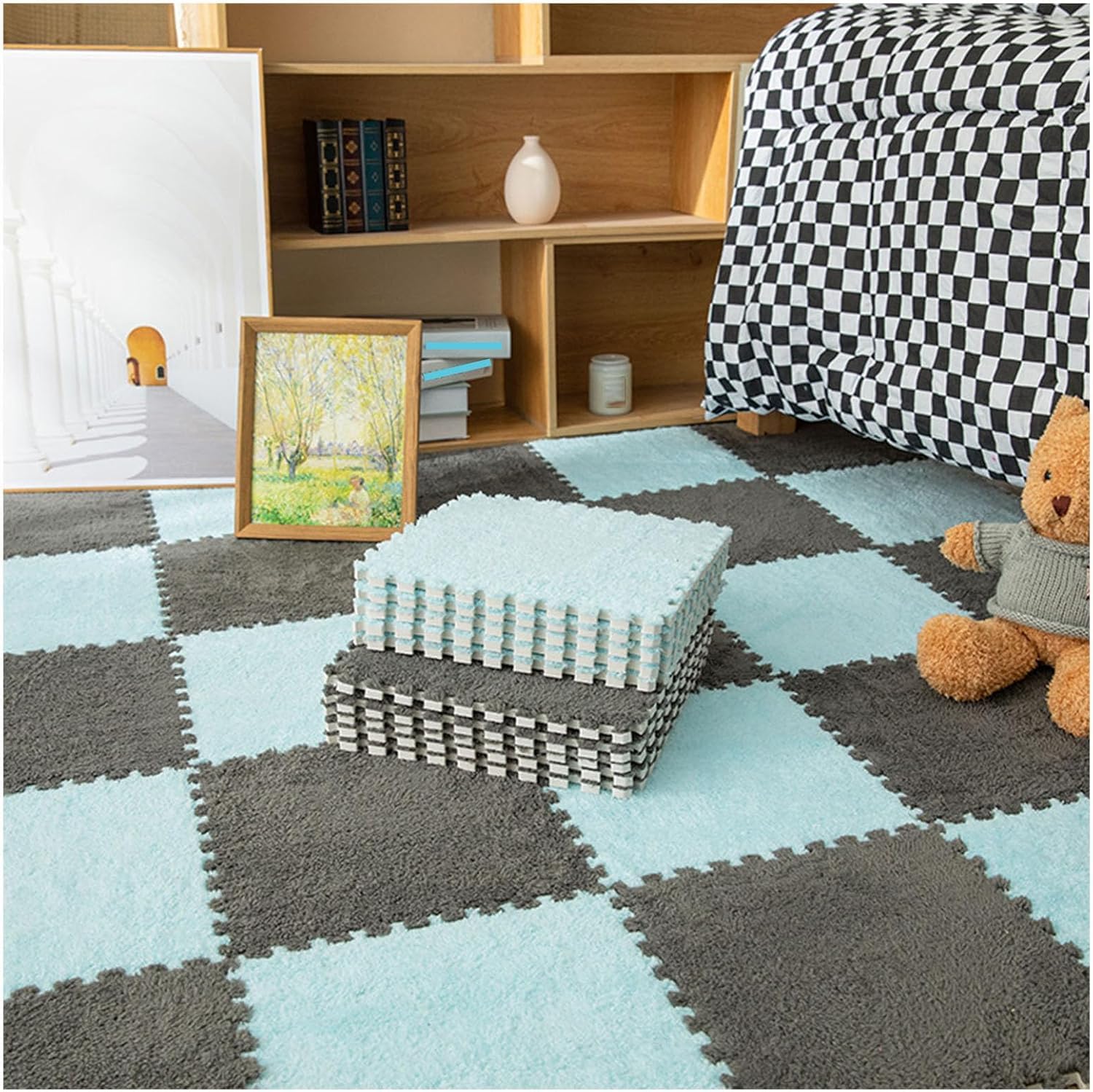 LoiYtrd 10pcs Plush Foam Interlocking Floor Mat DIY Cuttable Foam Mat Tiles 30x30x1cm Fuzzy Carpet Tiles(Light Blue+Gray)