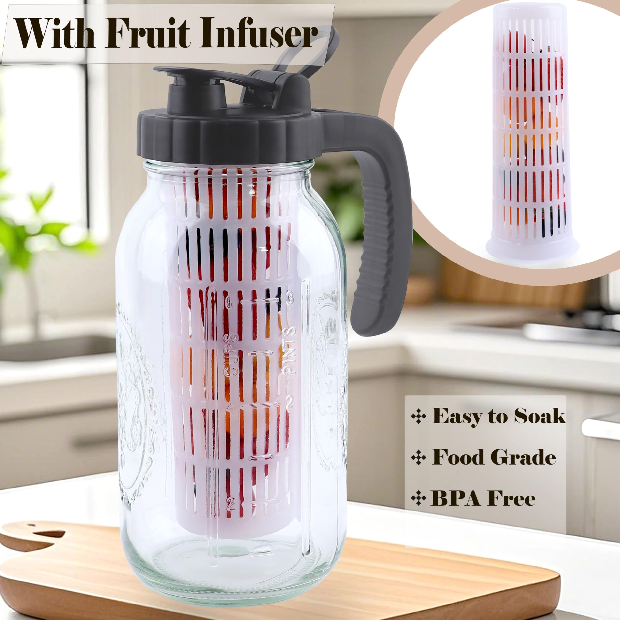 Jarra de agua de vidrio de 64 onzas con infusor, juego de 2 jarras de agua de medio galón, jarra de 2 cuartos de galón para té frío caliente, café, limonada, bebidas caseras, recipiente de jugo de