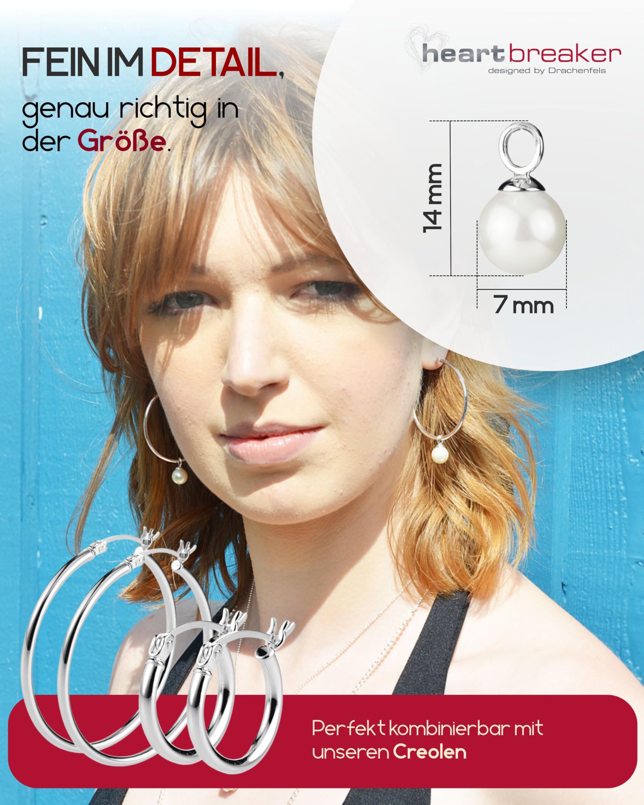 Heartbreaker "Style & Go" Perlen Einhänger I Einhänger für Creolen aus 925 Sterling Silber I Nickelfreier Anhänger mit weißer Muschelkernperle I In Goldschmiedequalität gefertigt I LD MR 31-W