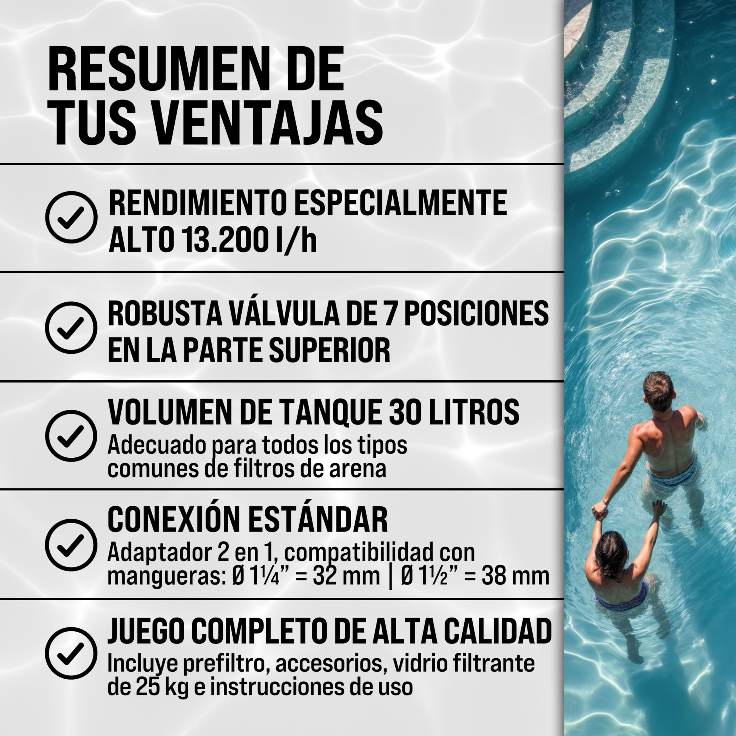 MONZANA Depuradora Piscina 13.200L/h | Filtro Arena 58.000L, Vidrio Filtrante, Válvula 7 Funciones Filtrado, Bomba, 600W, Adaptador Ø32-38mm, Indicador Presión