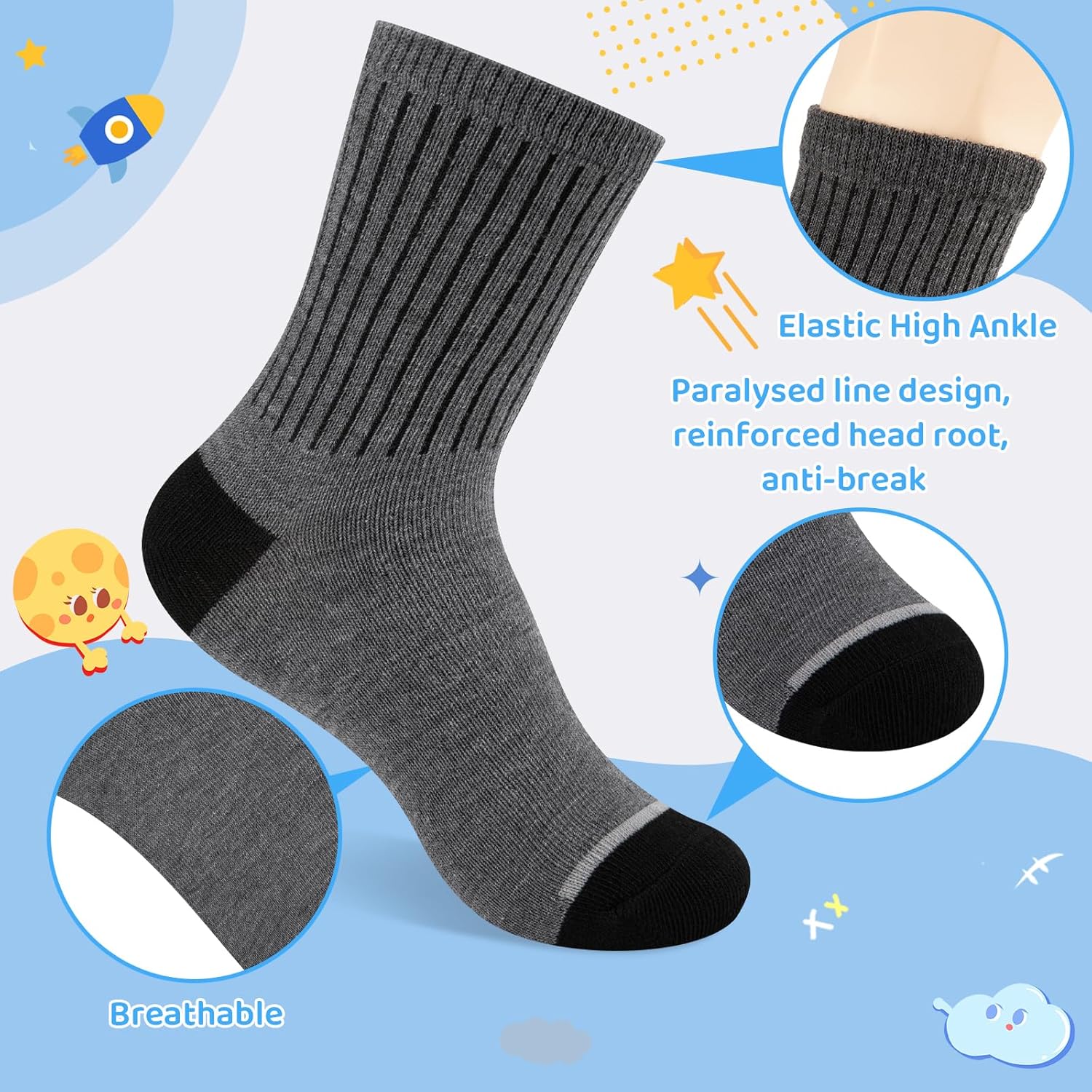 20 Pairs Boys Crew Socks, Athletic School Socks for Kids 4-6/6-8/8-10/10-12 Years, Thin & Breathable Bulk Pack - Image 4