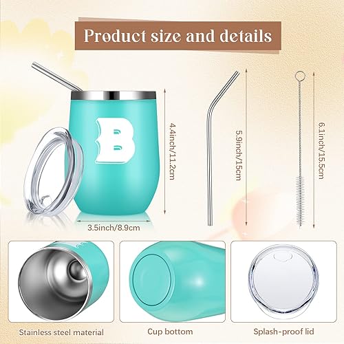 Miniatura 2 de Gejoy Taza personalizada con inicial, vaso de vino de acero inoxidable de 12 onzas con cepillo para pajilla, taza de viaje con monograma para boda,