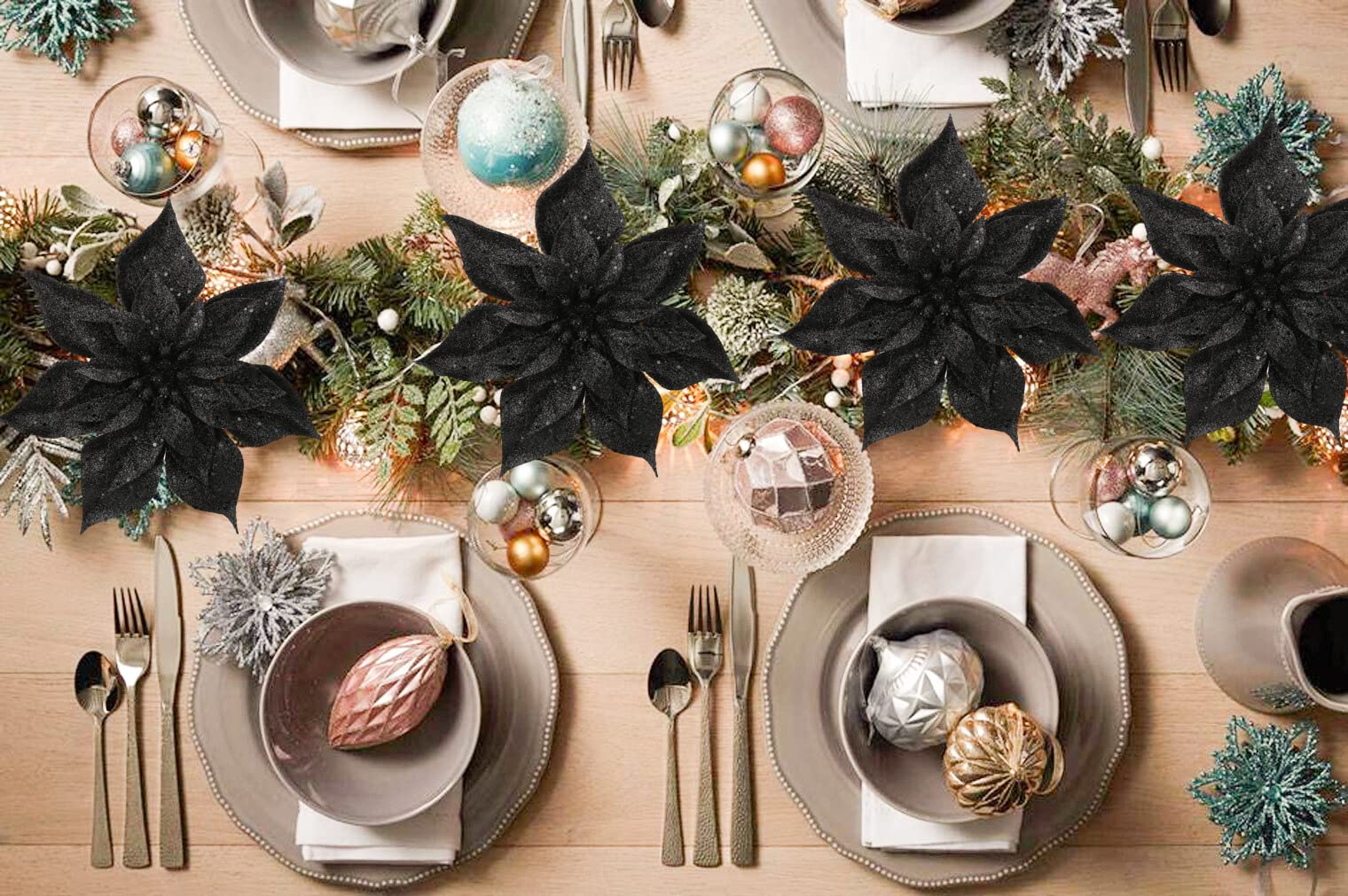 Briful 9'' Poinsettia Christmas Flowers 8PCS Black Glitter Floral Picks