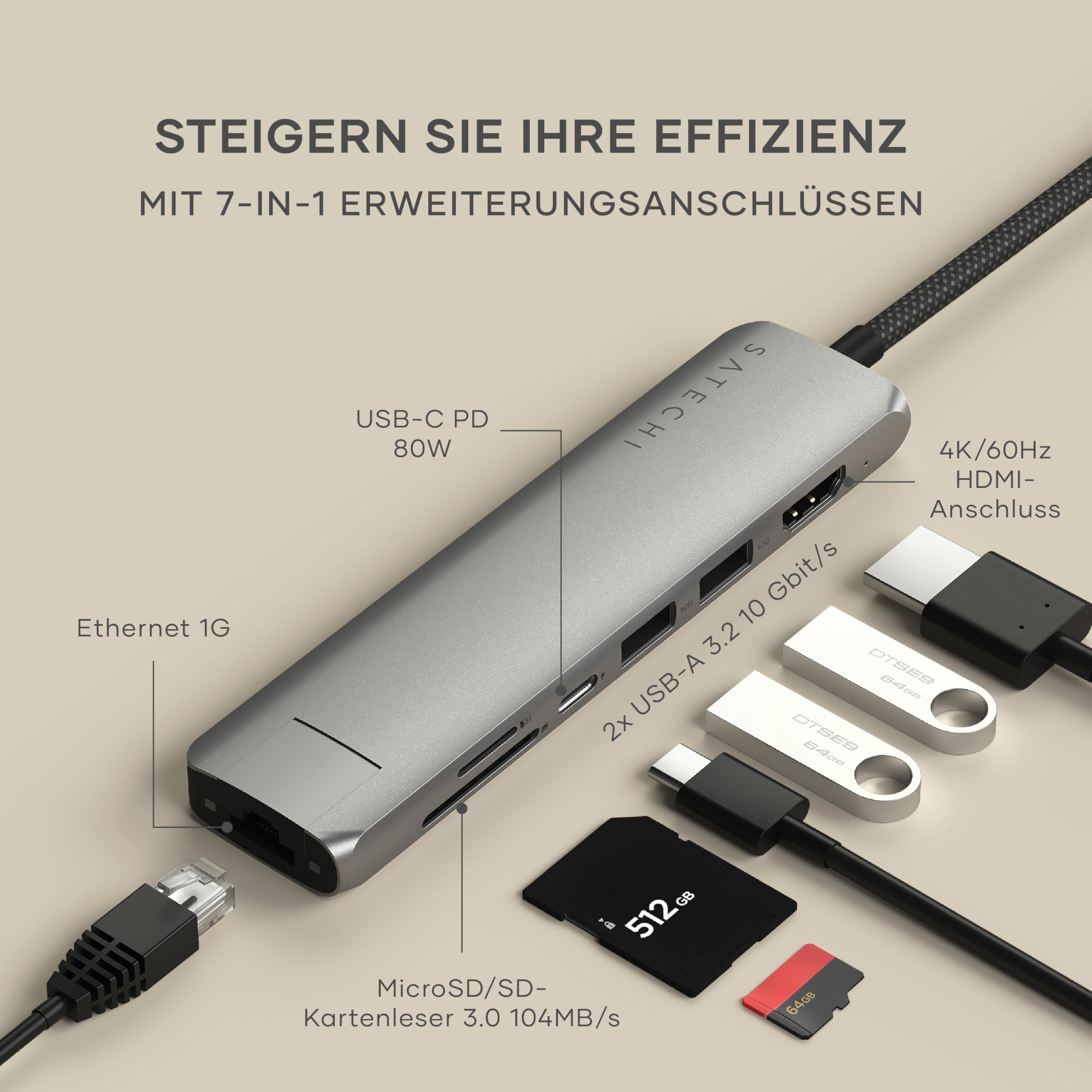 SATECHI 7-in-1 Slim-Plus USB-C Hub, Space Grau | 100-W-PD, HDMI 4K@60 Hz, Ethernet, 2 USB-A Anschlüsse und SD/microSD-Kartenleser