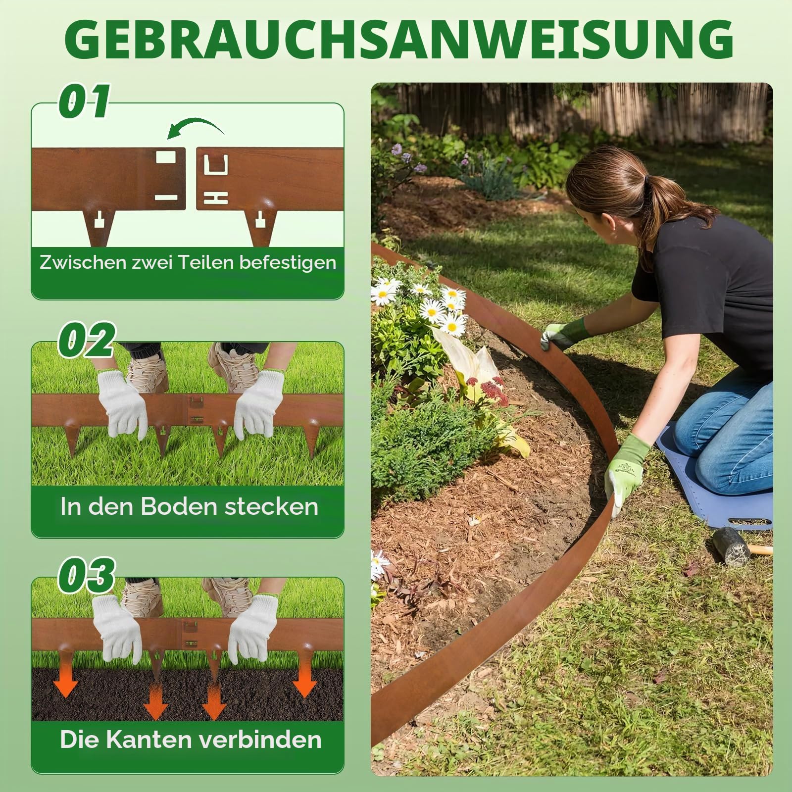 107.5cm x 5 Rasenkante Metall Cortenstahl Flexibel Beeteinfassung aus Stahl | Beetumrandung Beetbegrenzung Lawn Edging Flexible Rasenkanten für Beetumrandungen Gartenumrandung 20cm Höhe