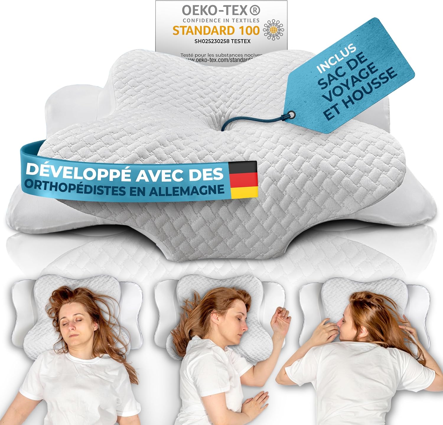 Glückstoff® Oreiller Ergonomique Cervical [pour Tous Les Types DE Sommeil] – Oreiller Ergonomique & Orthopedique – Coussin Cervicales Douloureuses pour Dormir – Ergonomic Anti Ronflement & Confort