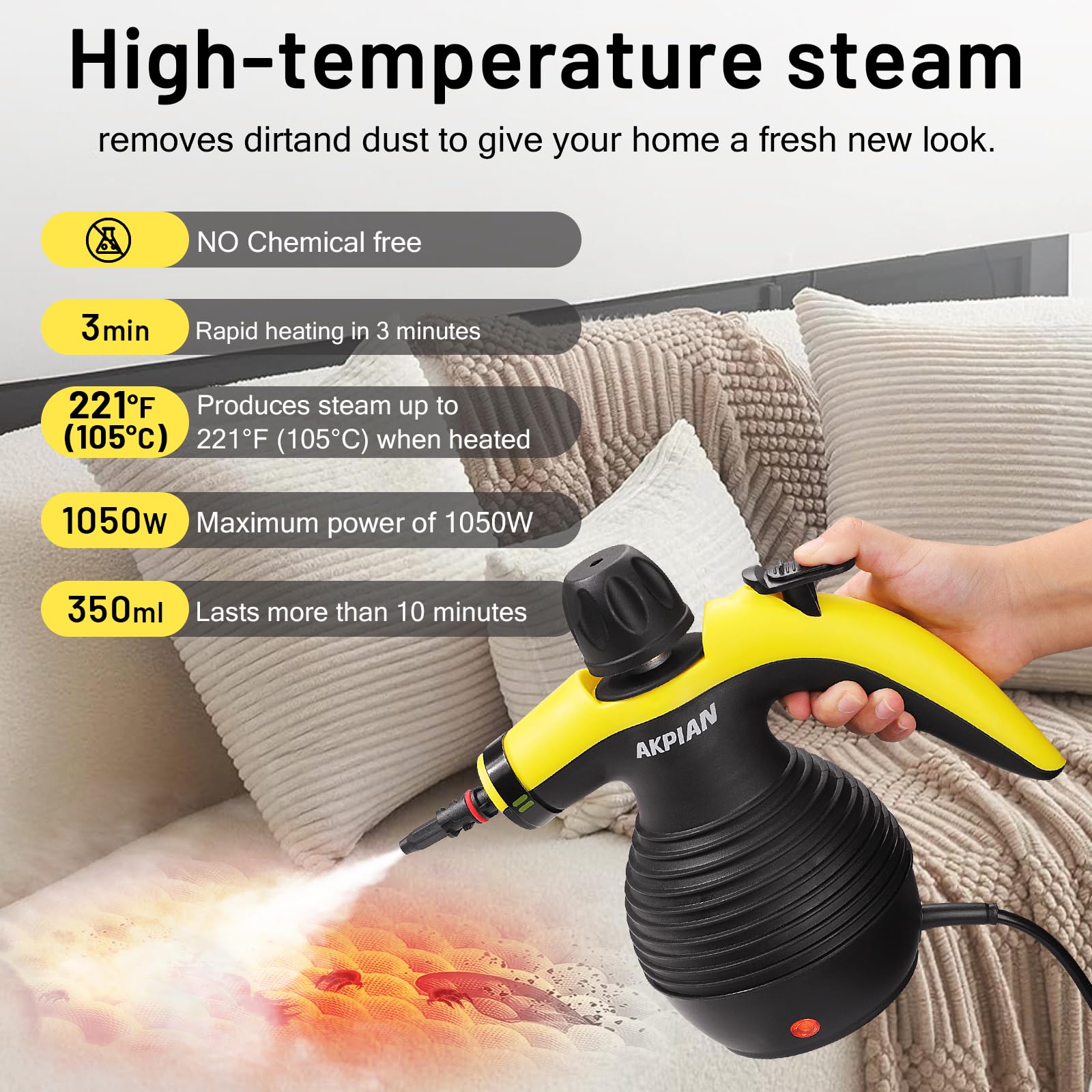 Handheld Steam Cleaner, Steamer for Cleaning, Multipurpose Portable Steam Cleaners for Home Use with Safety Lock and 10 Accessory Kit to Remove Grime, Grease, and More, Save Time and Effort