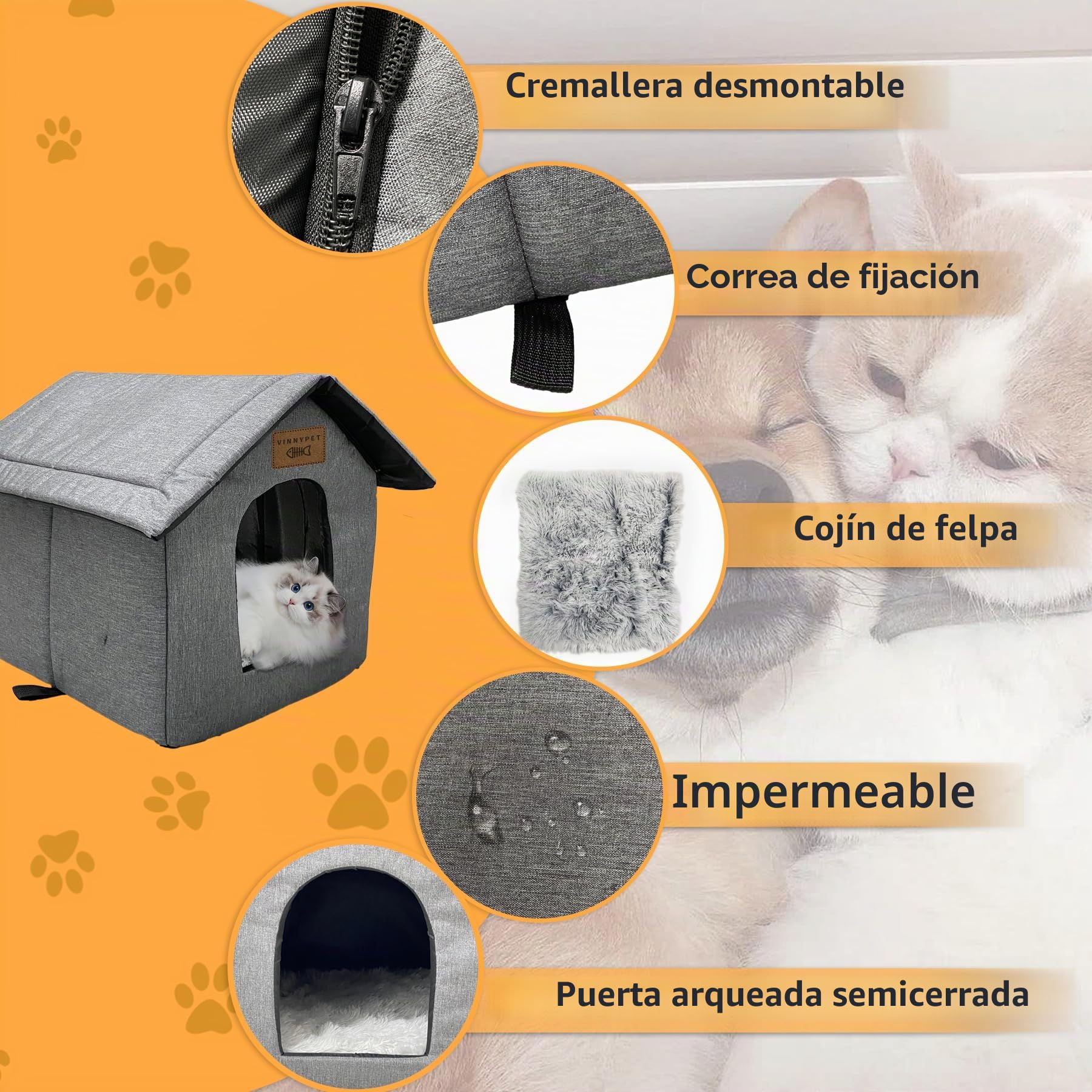 Casa para gatos para exteriores, impermeable, resistente a la intemperie, refugio para mascotas con cojín de felpa para gatos y perros callejeros, 45 x 40 x 45 cm