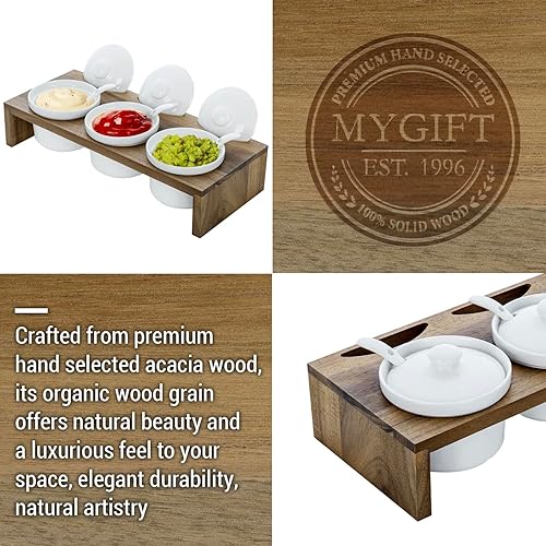 Miniatura 6 de MyGift Juego de Servir de Condimentos de 10 Piezas Incluye Bandeja de Presentación Elevada de Madera Sólida de Acacia Premium y 3 Cuencos