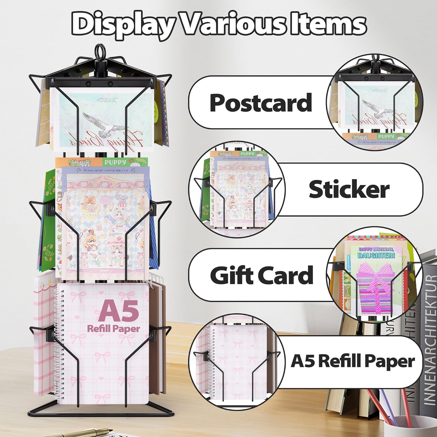 Greeting Card Rack Display Stand, 3 Tier Rotating Card Holder Display Retail, 9 Pocket Metal Postcard Holder Display Stand, Greeting Card Holder for Postcards, Brochures, Stickers, A5 Paper, Black