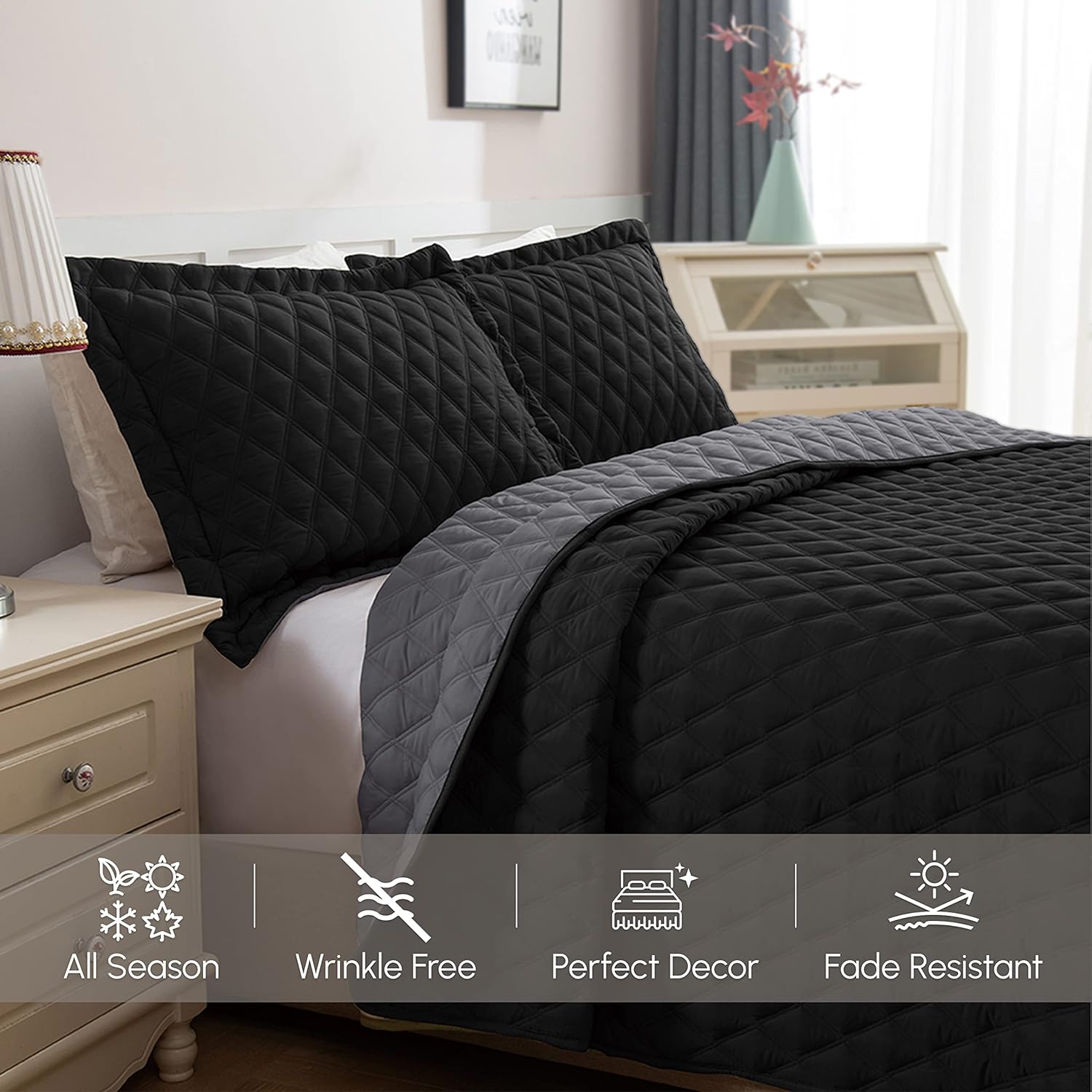 Elegant Comfort 3-Piece Quilted Reversible Bedspread Coverlet Set with Pillow Shams, Exquisite Diamond Stitching All Season Heavy Weight-Ultra Soft Premium Quilt- California King, Black/Gray