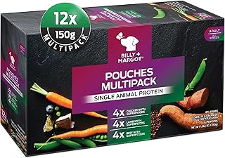 Billy + Margot Wet Dog Food Pouches. Variety Pack 12 x 150g. Premium Grain Free Dog Food for Adult Dogs. All Natural Dog Food Wet Recipes (Lamb, Beef & Chicken) + Superfoods